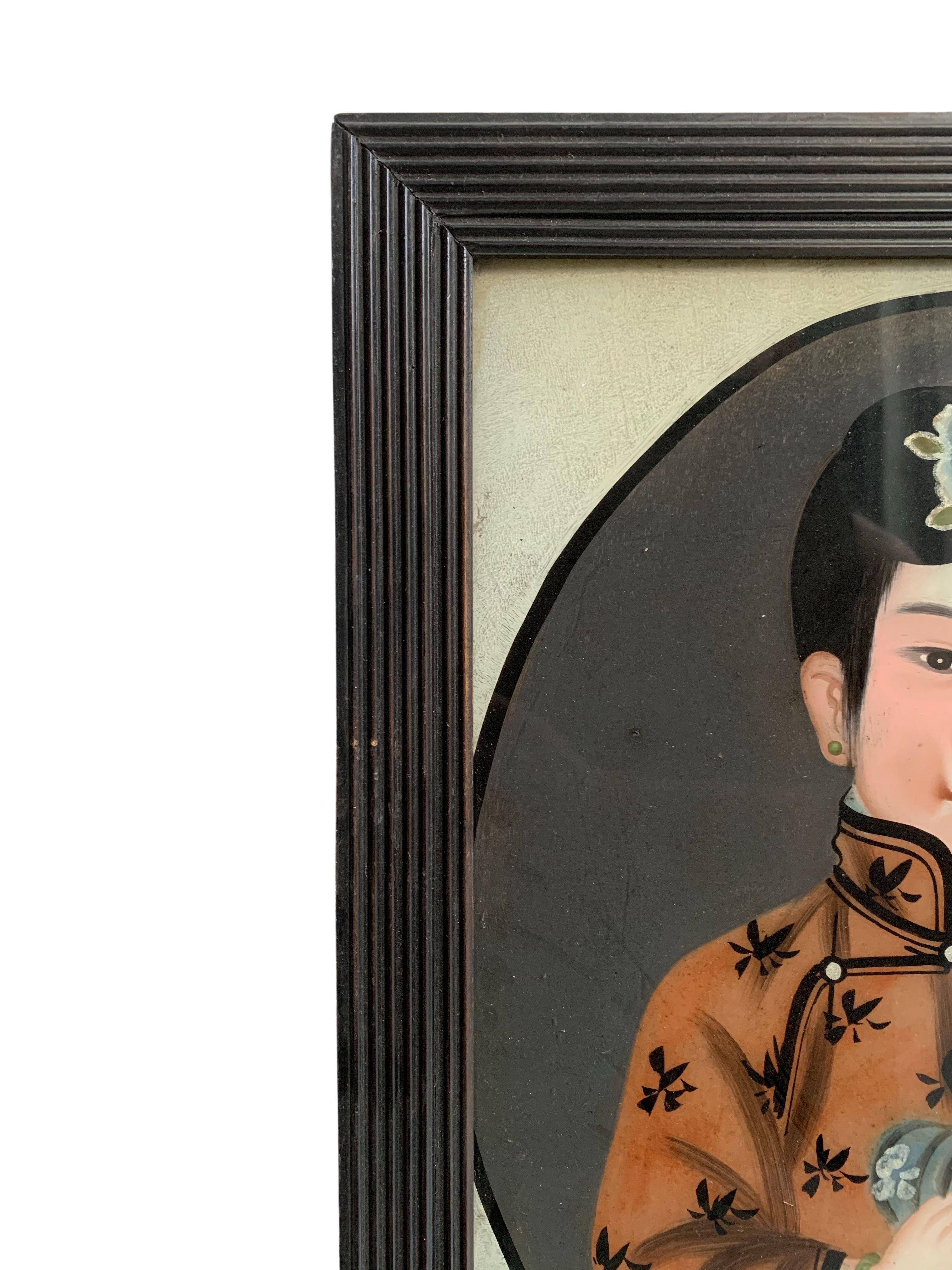 Chinesisches rückseitiges Glasgemälde einer Frau, frühes 20. Jahrhundert (Qing-Dynastie) im Angebot