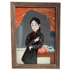 Chinese Reverse Glass Painting of Woman, Early 20th Century