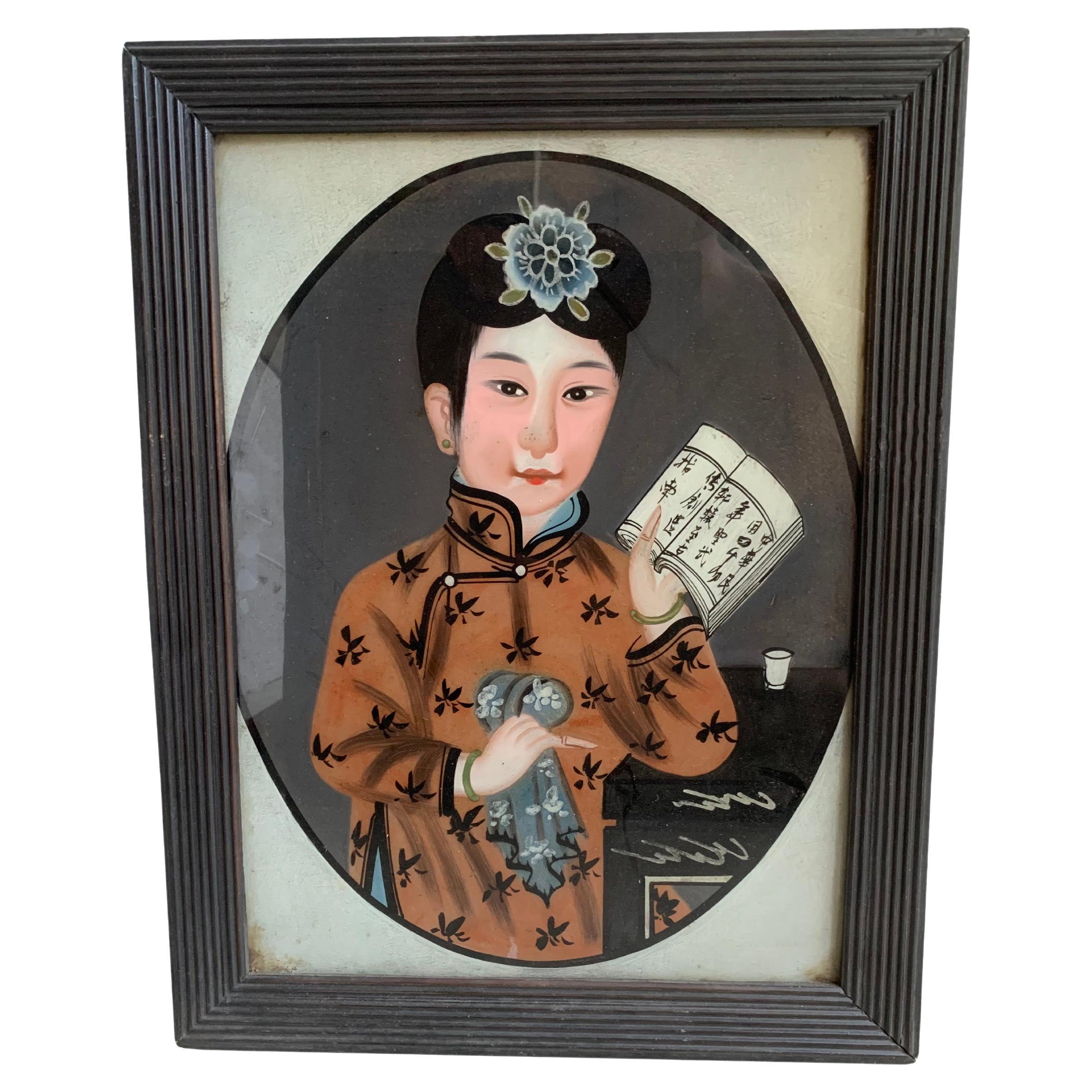 Peinture chinoise en verre inversé représentant une femme, début du 20ème siècle en vente