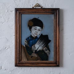 Chinese Reverse Glass Portrait of a Beauty with Fan, circa 1880