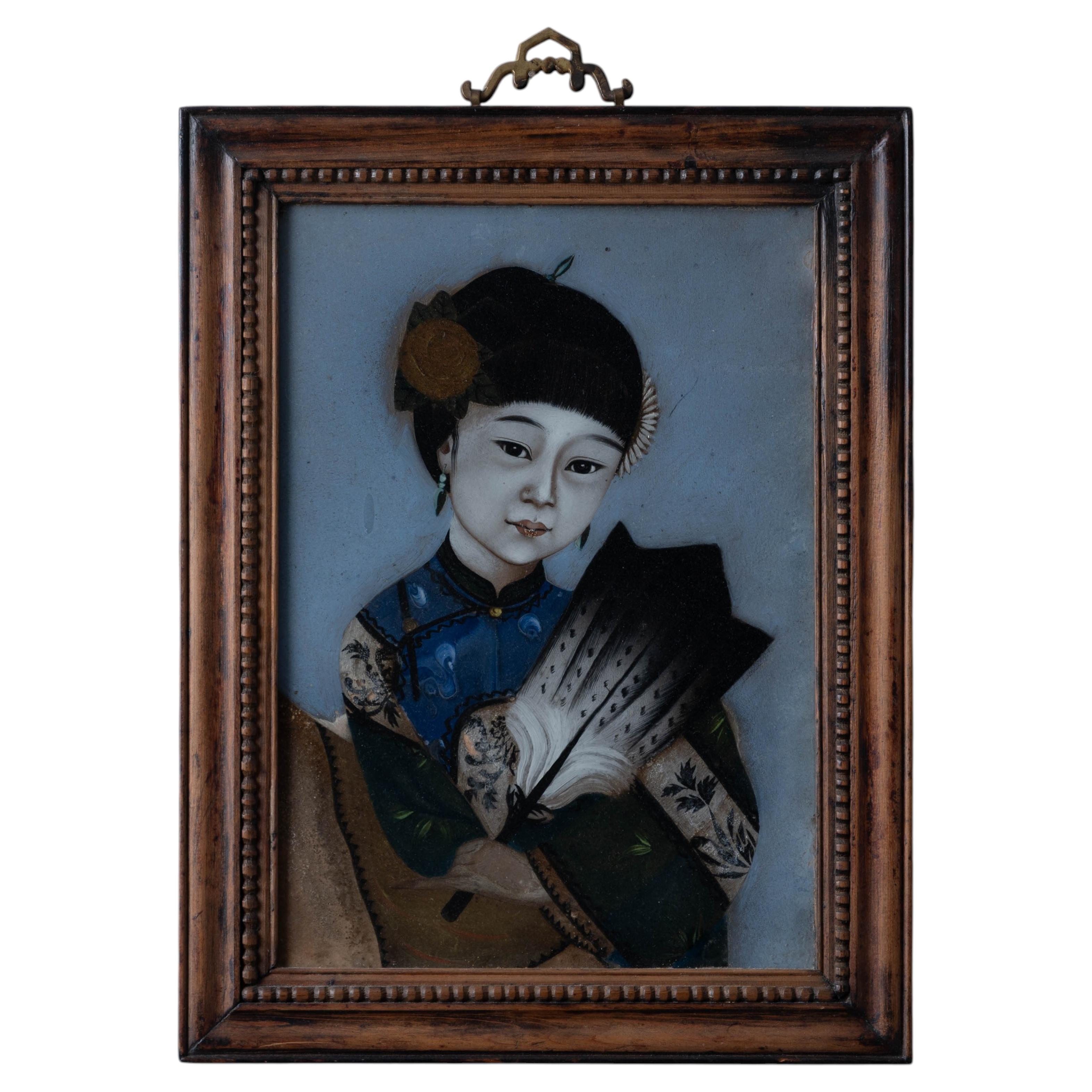Chinesisches Hinterglasporträt einer Schönheit mit Fächer, um 1880