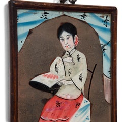Chinese Reverse Glass Portrait with Blue Drape