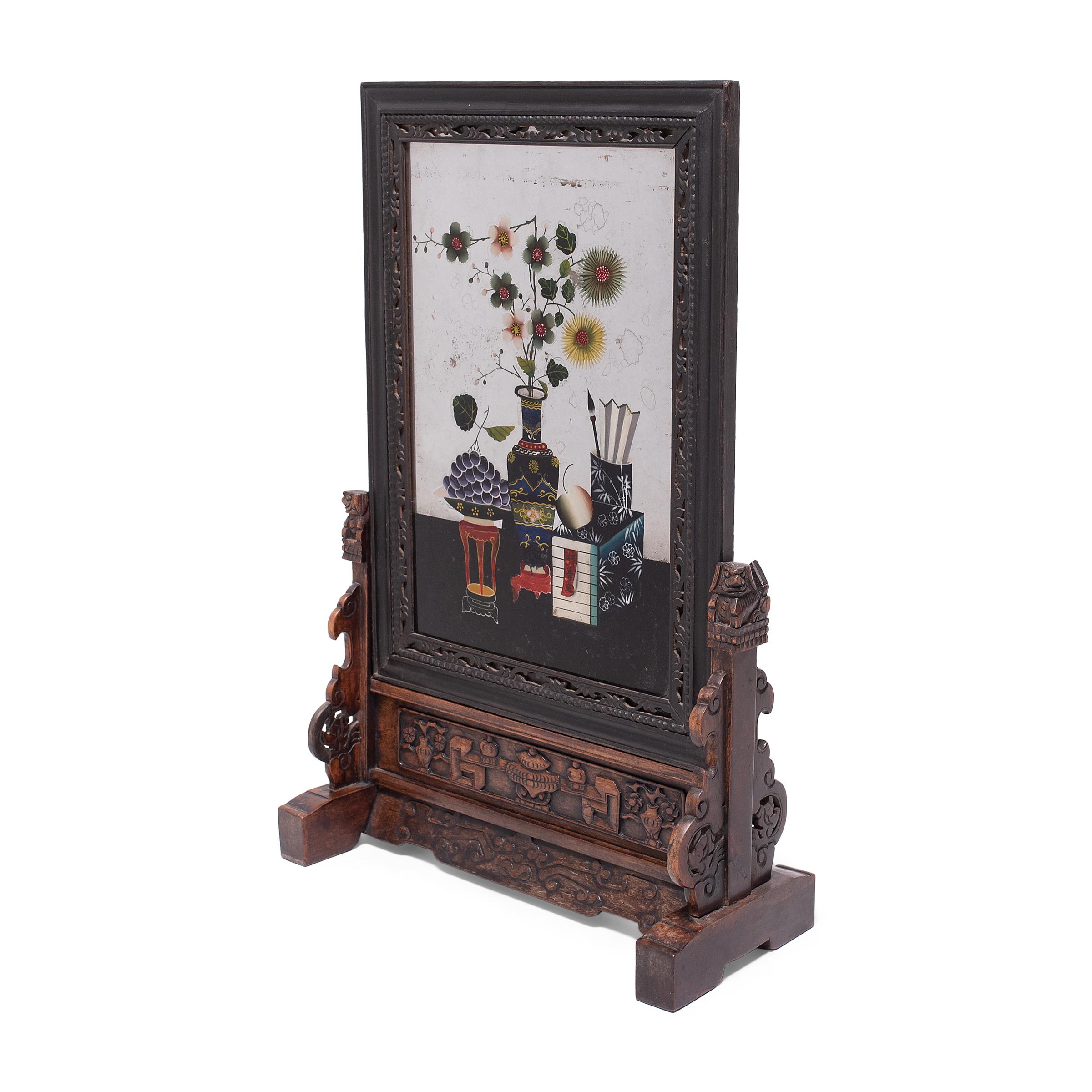 Hand-Painted Chinese Reverse Glass Table Screen with Floral Still Life, c. 1850 For Sale