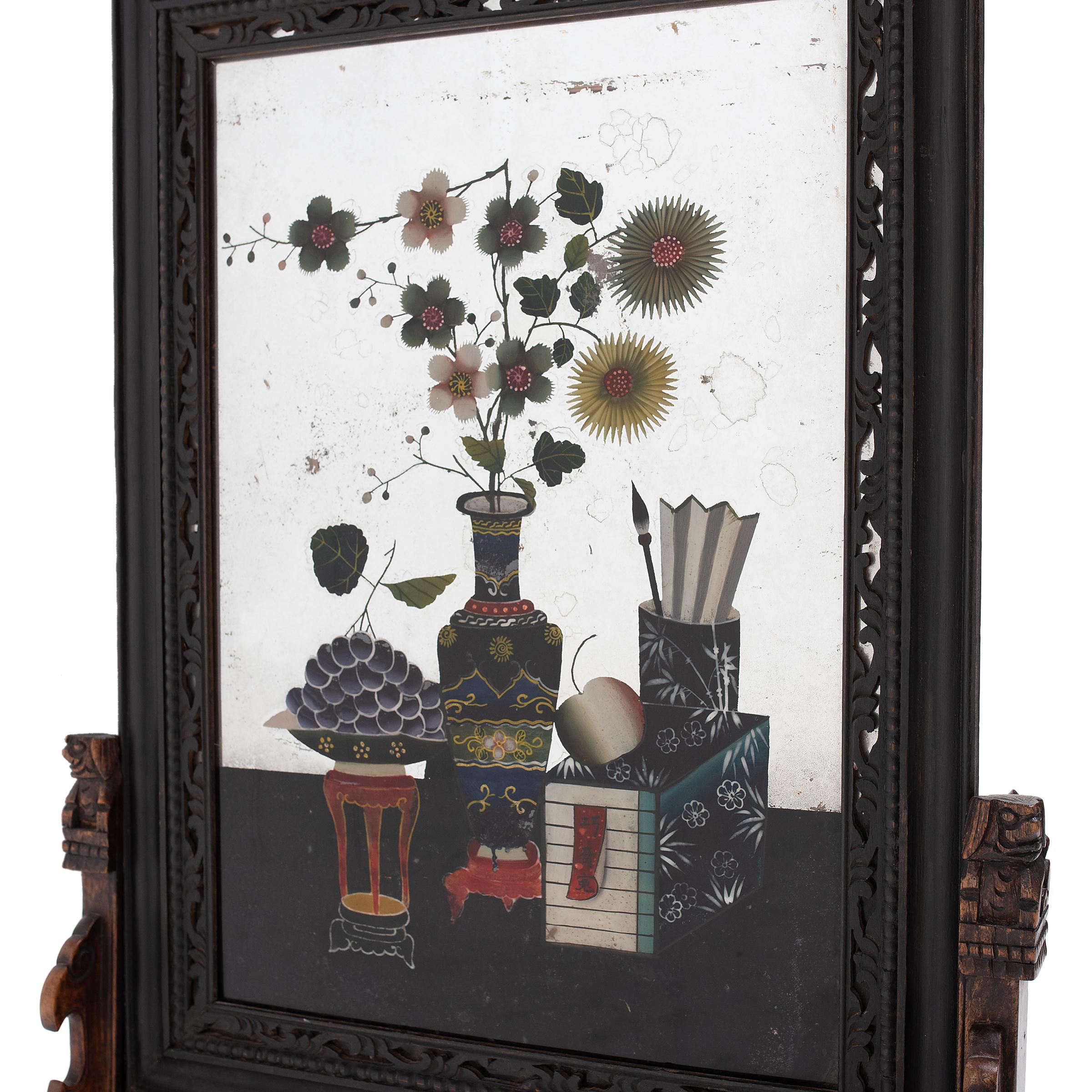 Chinese Reverse Glass Table Screen with Floral Still Life, c. 1850 In Good Condition For Sale In Chicago, IL