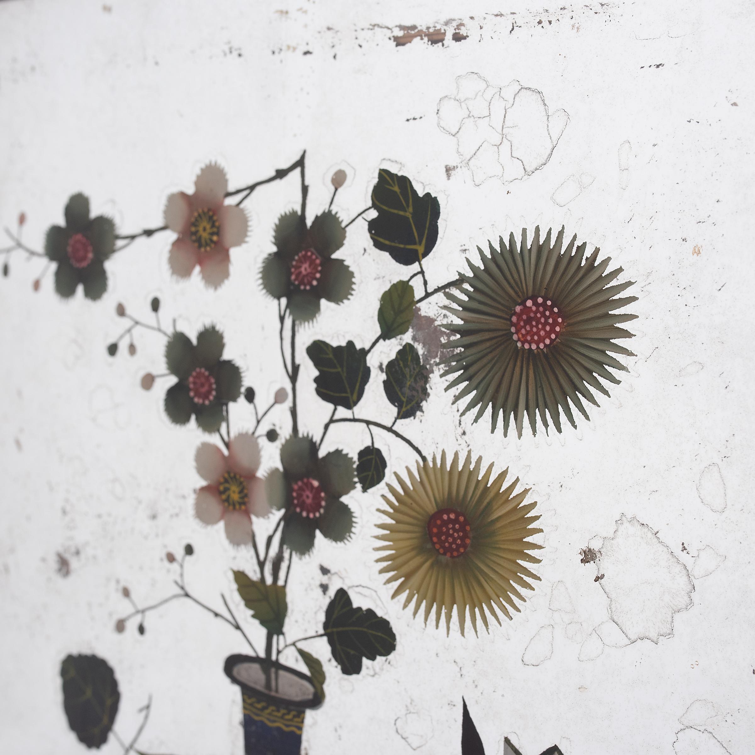 19th Century Chinese Reverse Glass Table Screen with Floral Still Life, c. 1850 For Sale