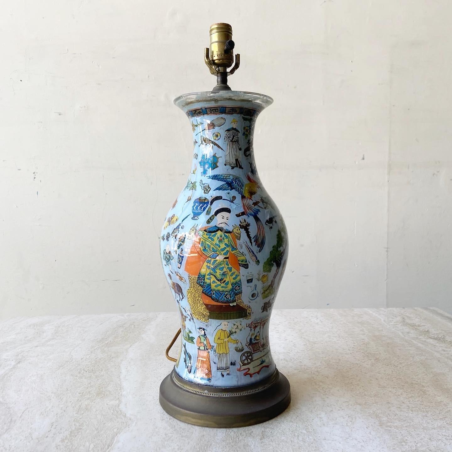 Amazing Chinese reverse painted glass table lamp. Features Chinese characters and depictions painted inside of the glass.

3 way lighting
