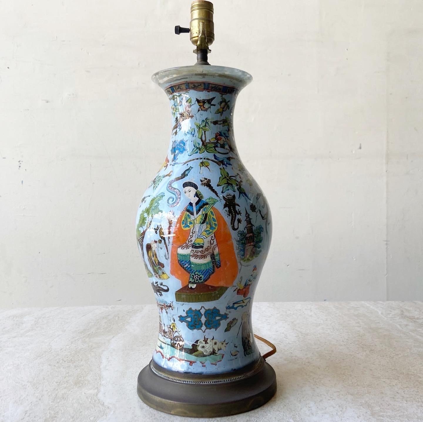 Chinoiserie Chinese Reverse Painted Glass Table Lamp With Brass Base For Sale