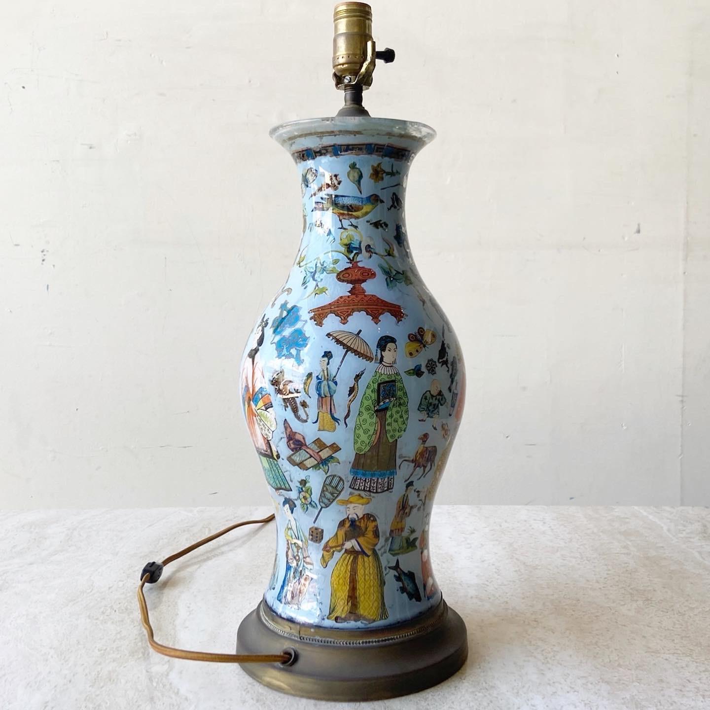 Chinese Reverse Painted Glass Table Lamp With Brass Base In Good Condition For Sale In Delray Beach, FL