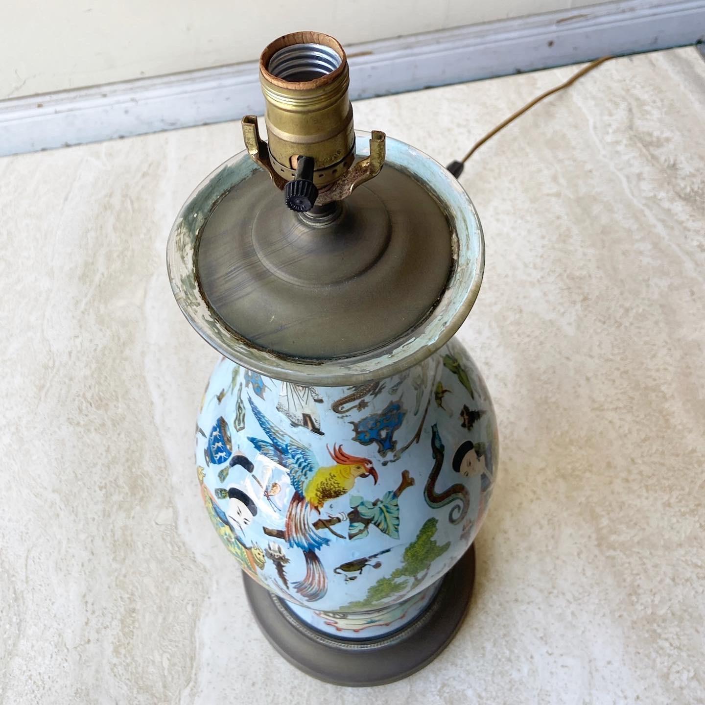 20th Century Chinese Reverse Painted Glass Table Lamp With Brass Base For Sale