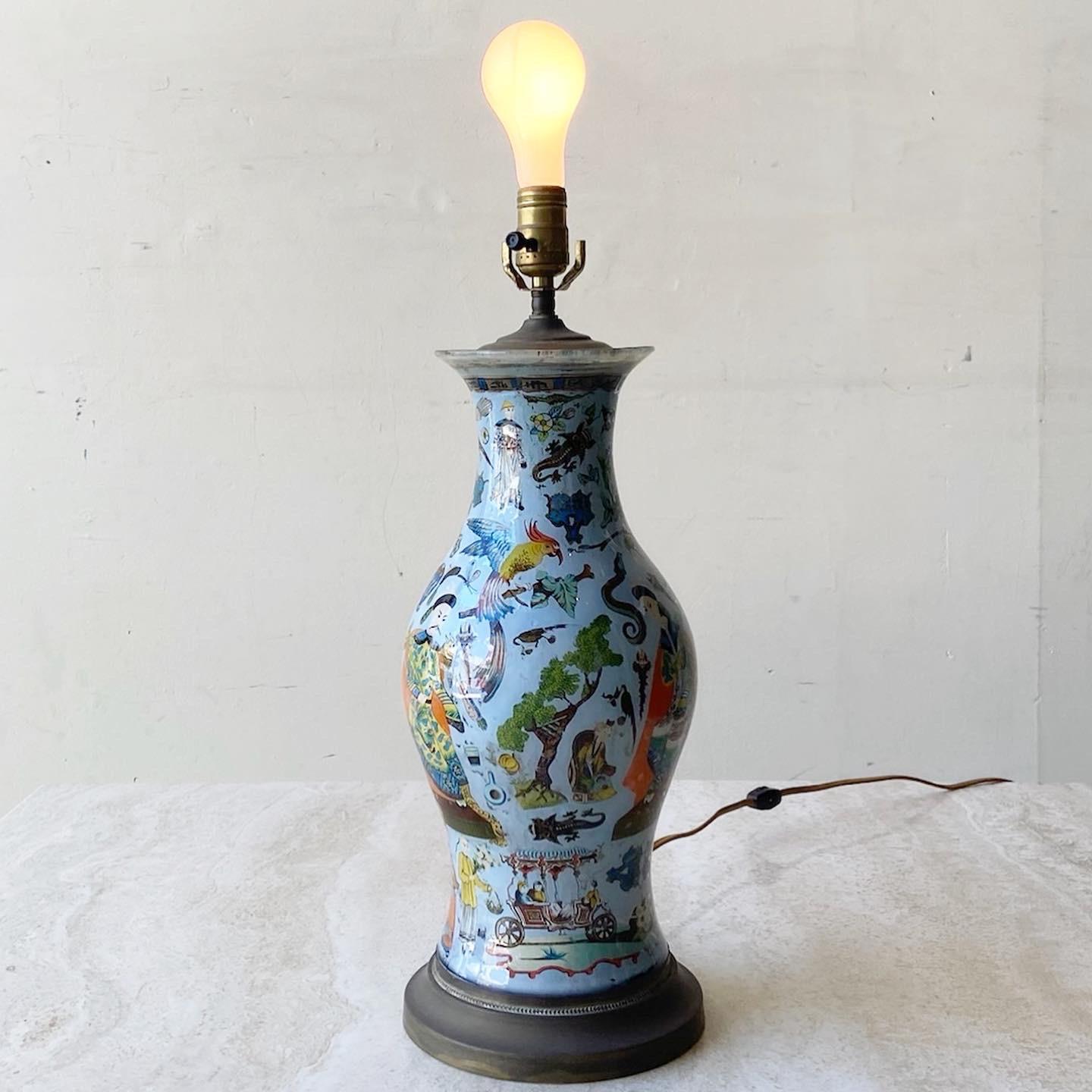 Chinese Reverse Painted Glass Table Lamp With Brass Base For Sale 2