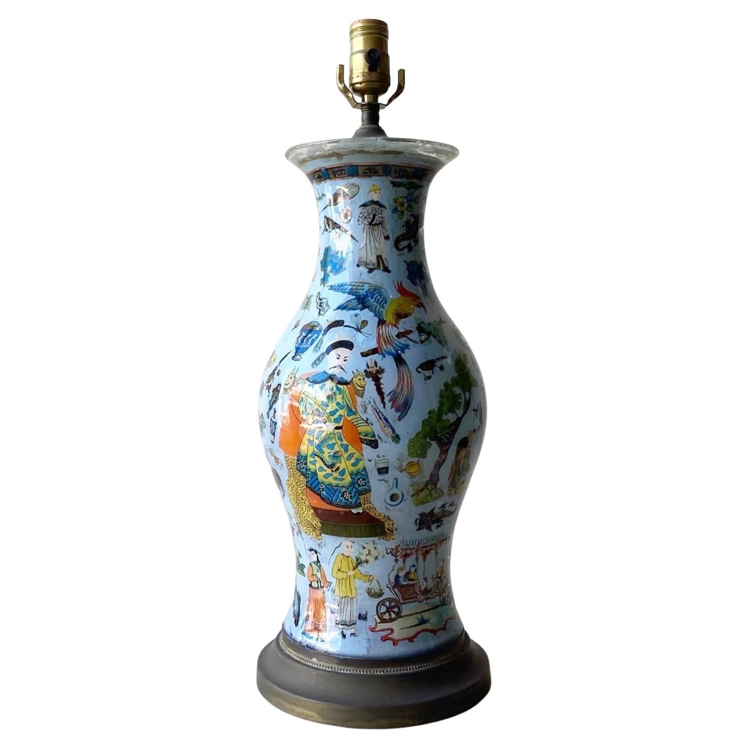 Chinese Reverse Painted Glass Table Lamp With Brass Base For Sale