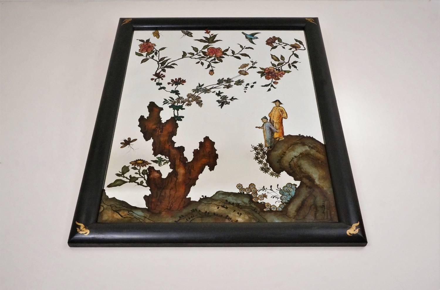 Chinoiserie Chinese Reverse Painted Mirror, La Barge, circa 1980s, American