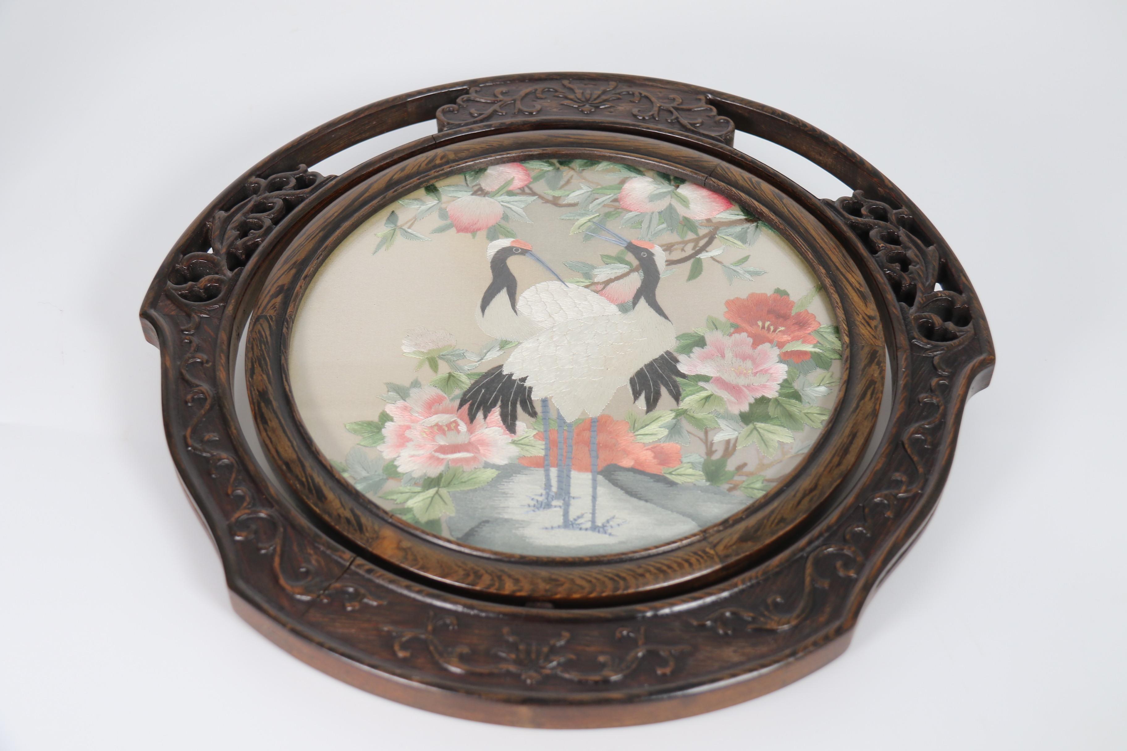 Chinese reversible silk needlework in a fine carved hardwood stand circa 1920 For Sale 9