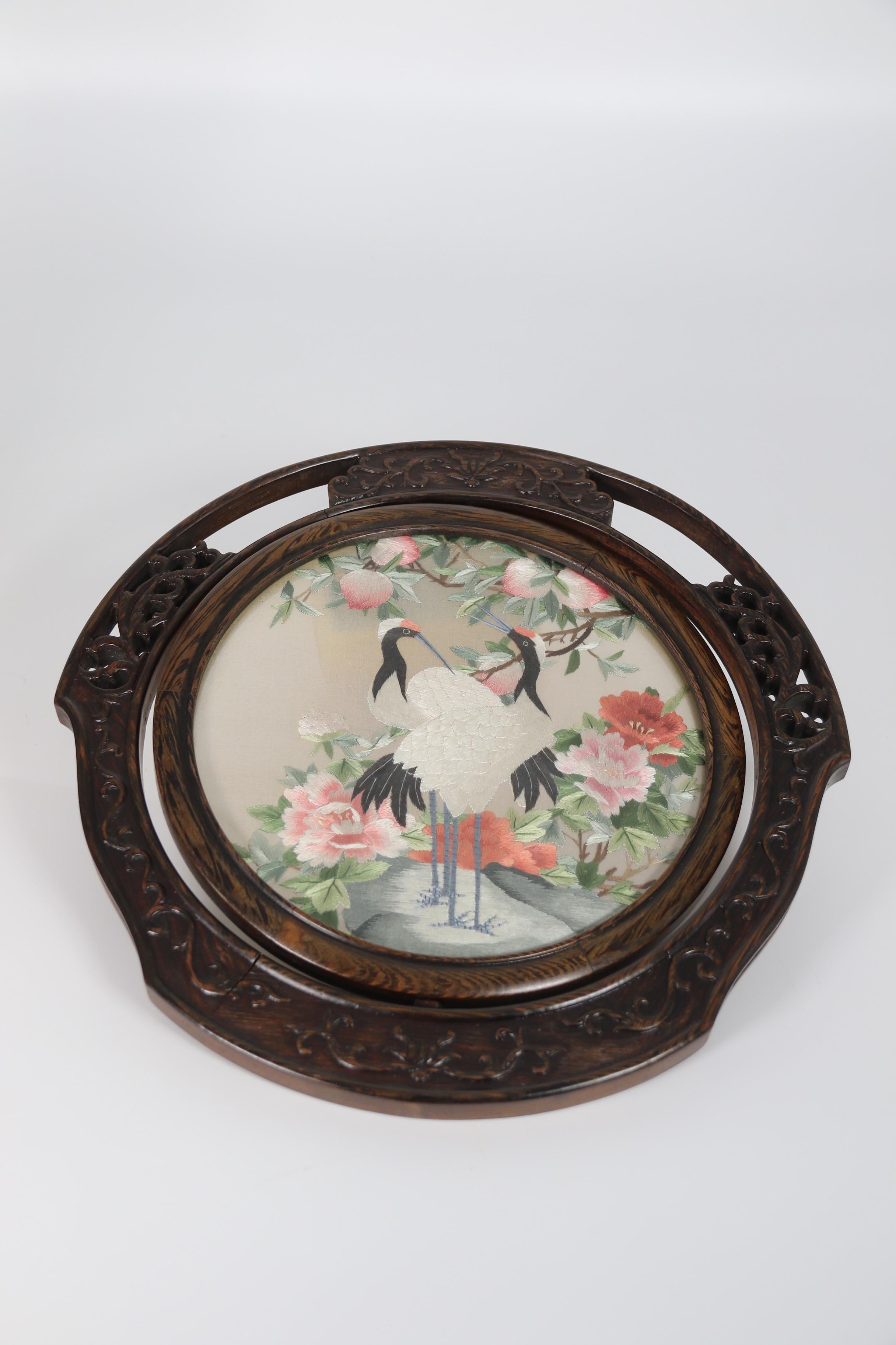 Chinese reversible silk needlework in a fine carved hardwood stand circa 1920 For Sale 10
