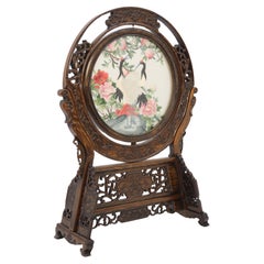 Antique Chinese reversible silk needlework in a fine carved hardwood stand circa 1920
