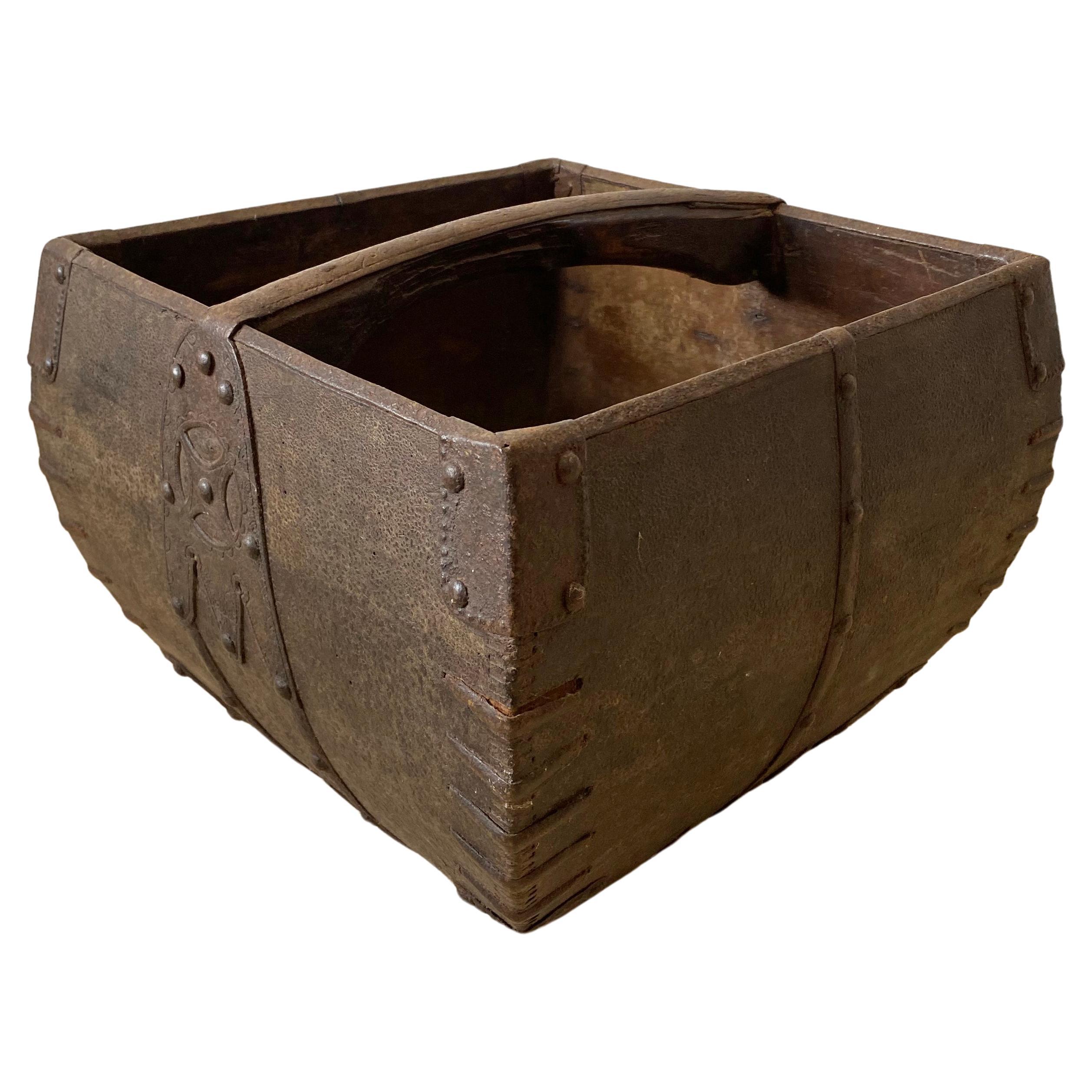 Chinese Rice Measure Basket with Engraved Iron Fittings, Early 20th Century