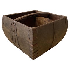 Chinese Rice Measure Basket with Engraved Iron Fittings, Early 20th Century