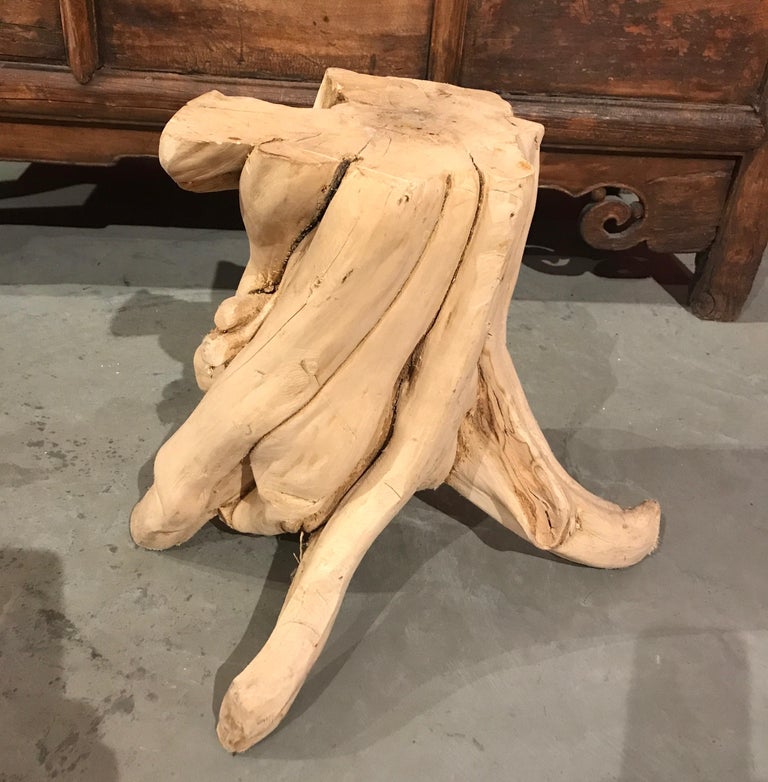 A natural Chinese root wood side table or pedestal with a unique shape. The light colored root wood emphasizes the graceful, organic shape of the roots leading to the small, simple flat top. An unusual, very attractive and versatile piece.