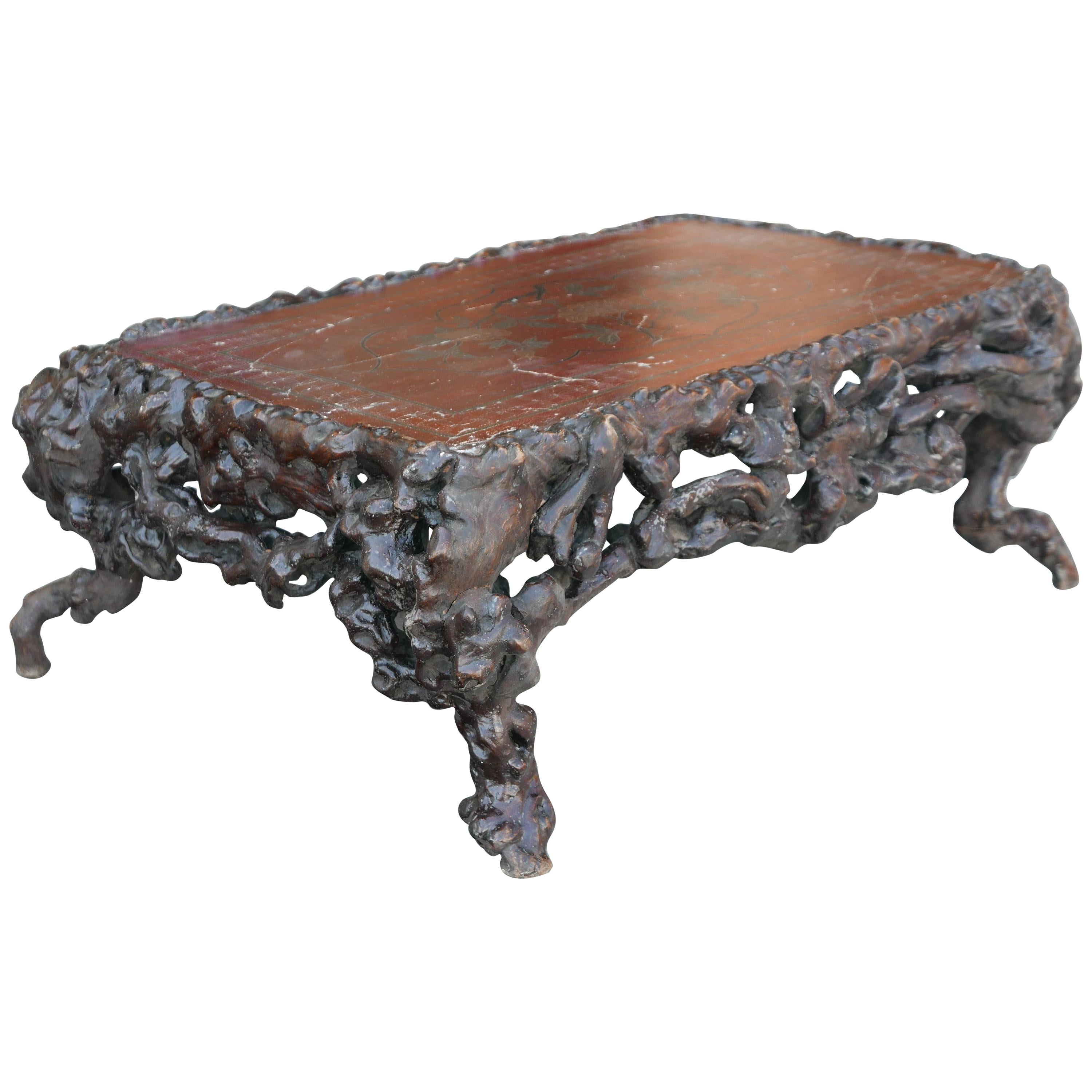 Chinese Rootwood Low Table with Lacquer Top For Sale