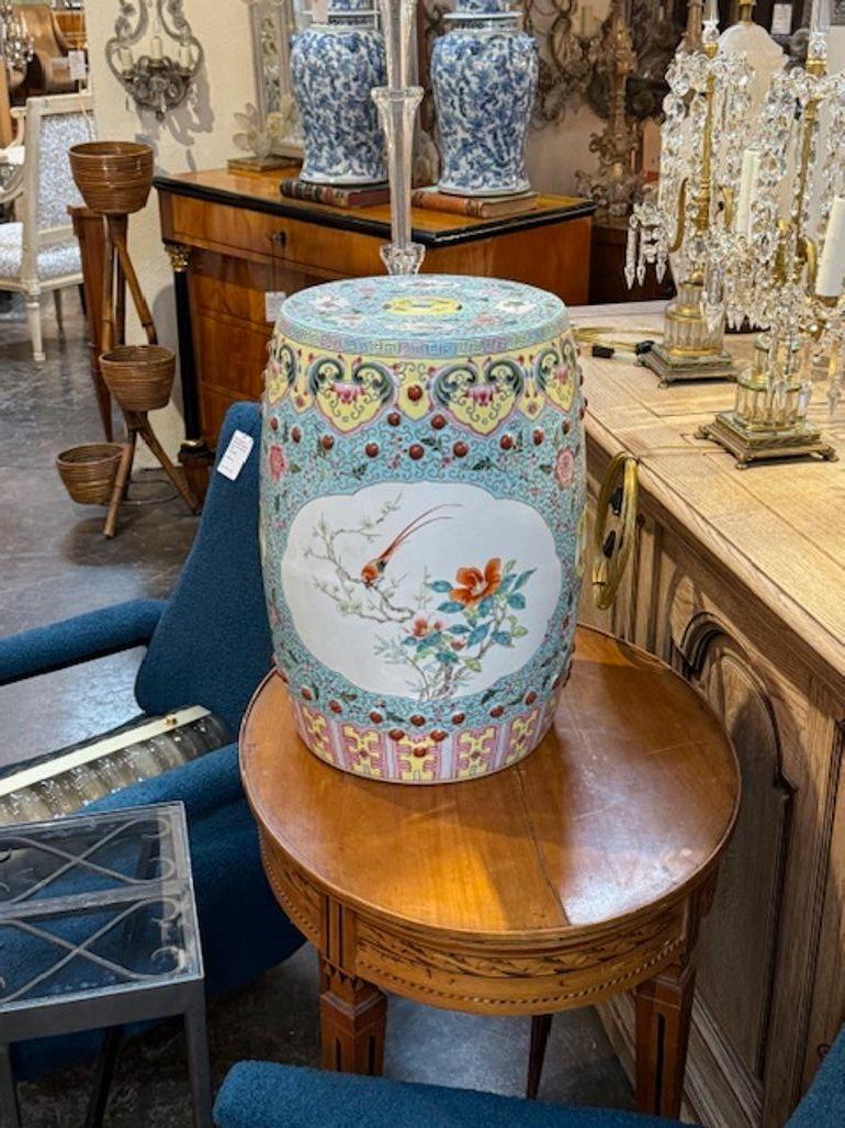 Early 20th century Chinese Rose Famille garden seat. Circa 1920. A timeless and classic touch for a fine interior. 19H x 15W