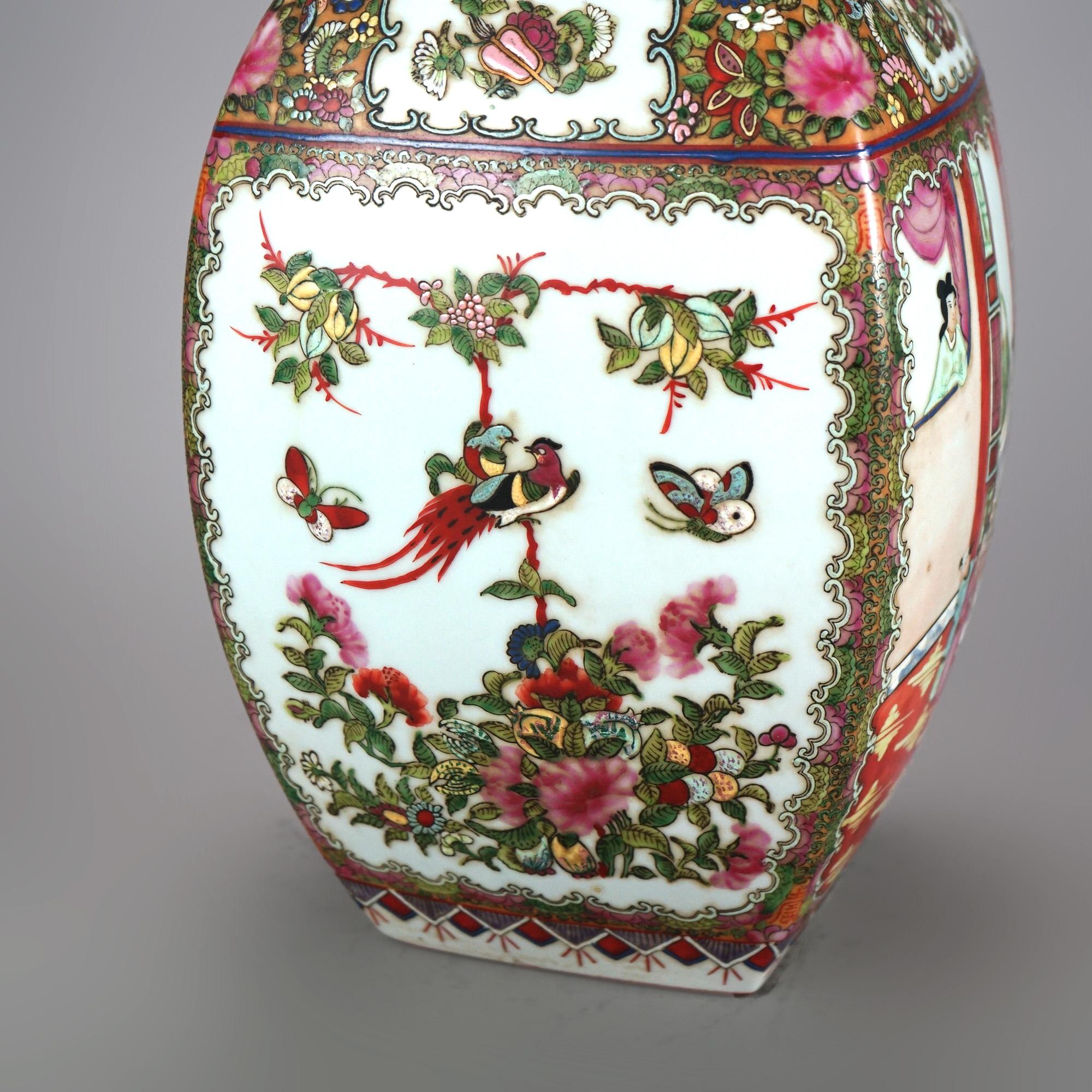 Asian Chinese Rose Medallion Enameled Porcelain Lidded Urn 20thC For Sale