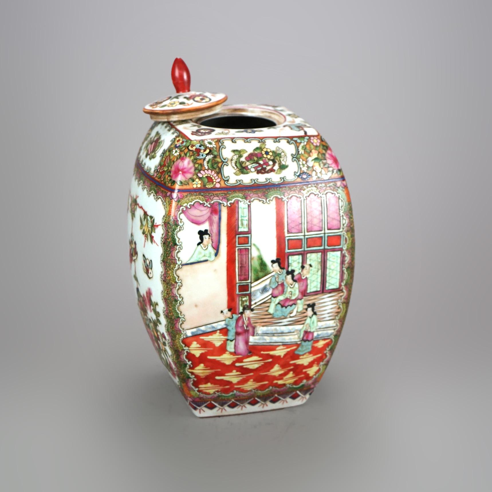 Chinese Rose Medallion Enameled Porcelain Lidded Urn 20thC In Good Condition For Sale In Big Flats, NY