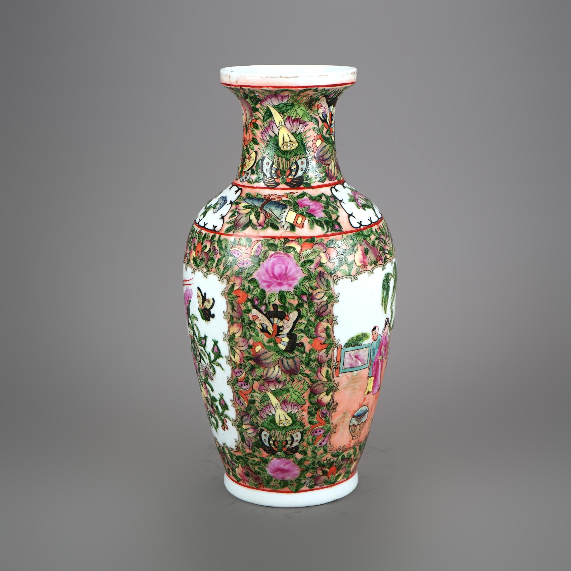 Asian Chinese Rose Medallion Enameled Porcelain Vase with Butterfly Garden Scene 20thC For Sale