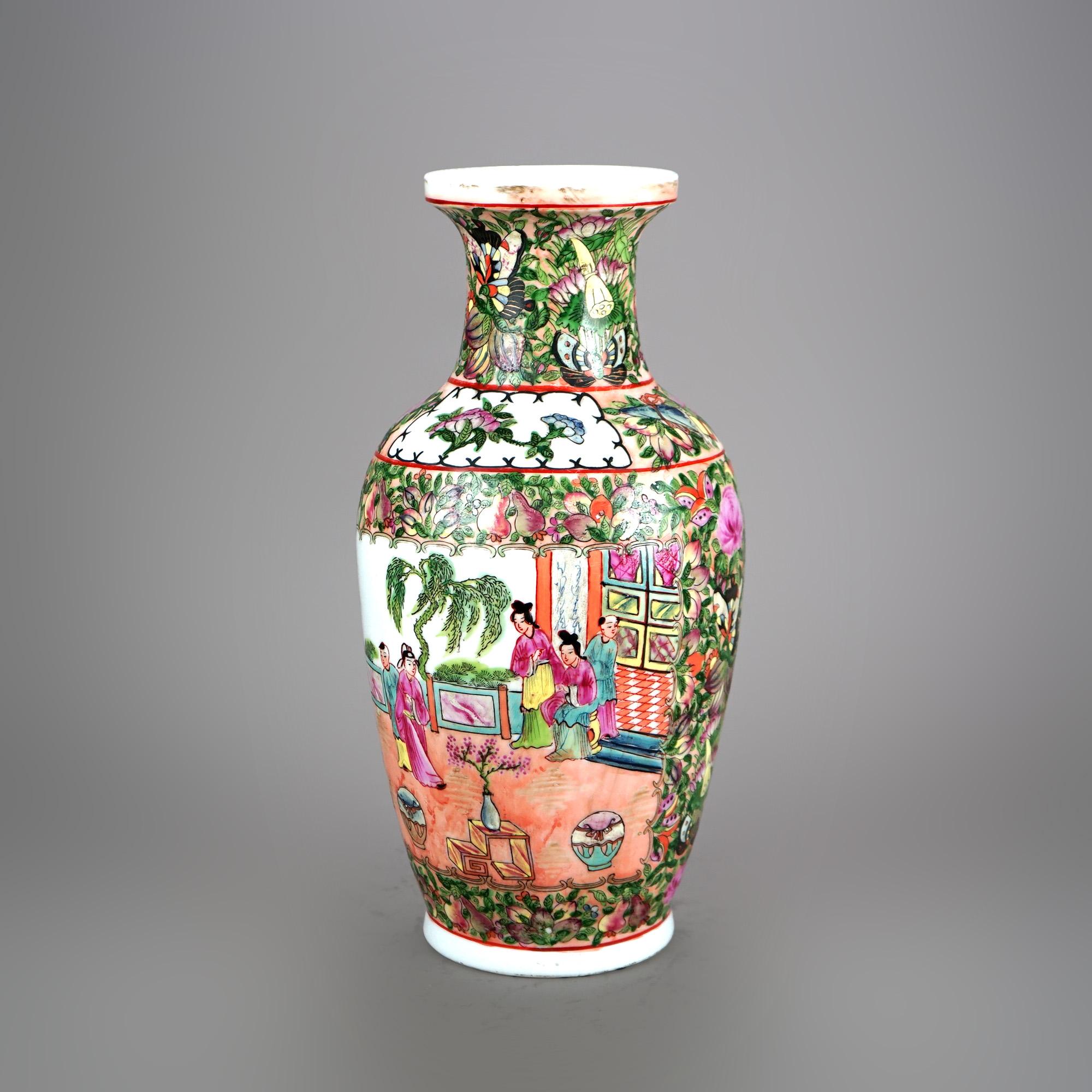 Chinese Rose Medallion Enameled Porcelain Vase with Butterfly Garden Scene 20thC In Good Condition For Sale In Big Flats, NY