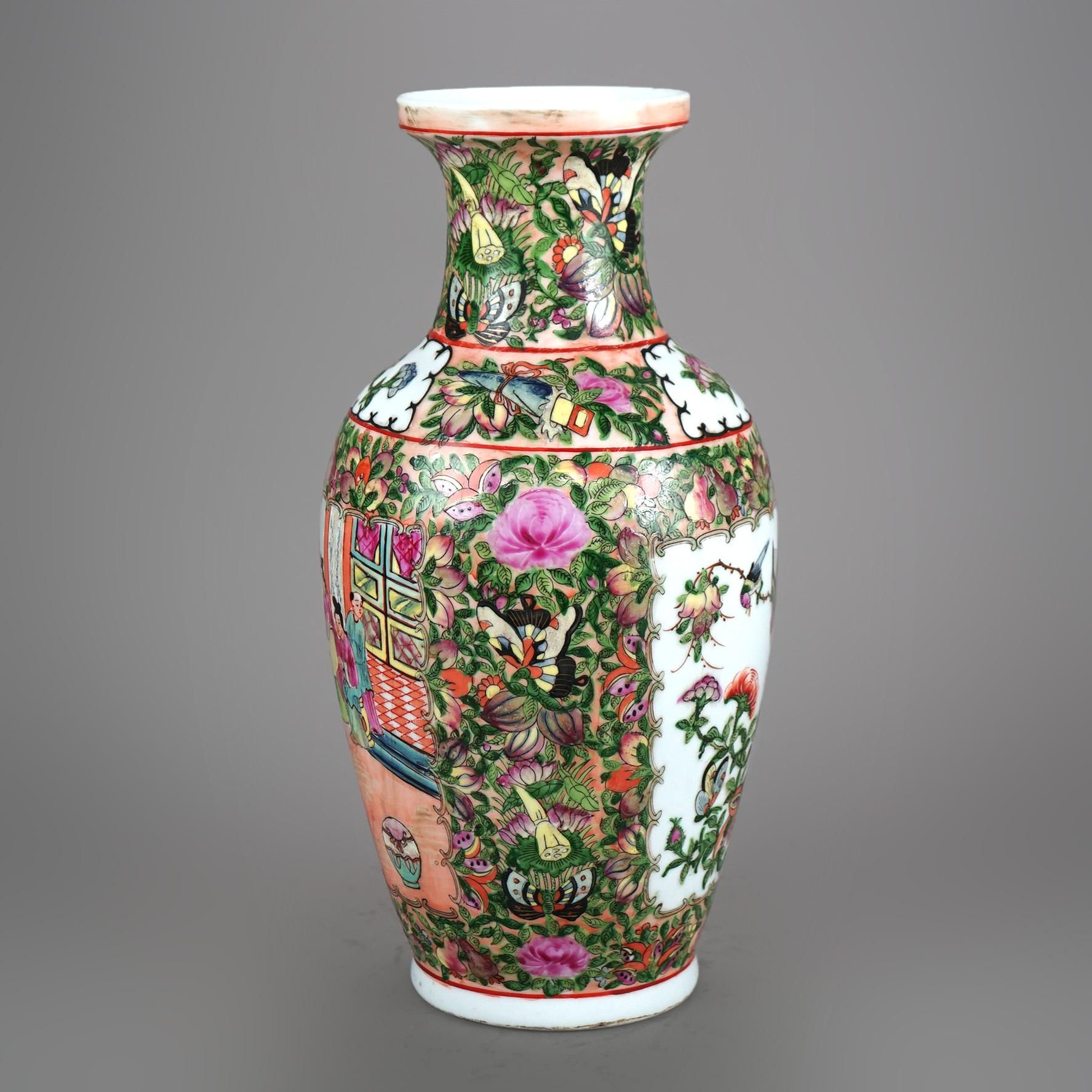 20th Century Chinese Rose Medallion Enameled Porcelain Vase with Butterfly Garden Scene 20thC For Sale