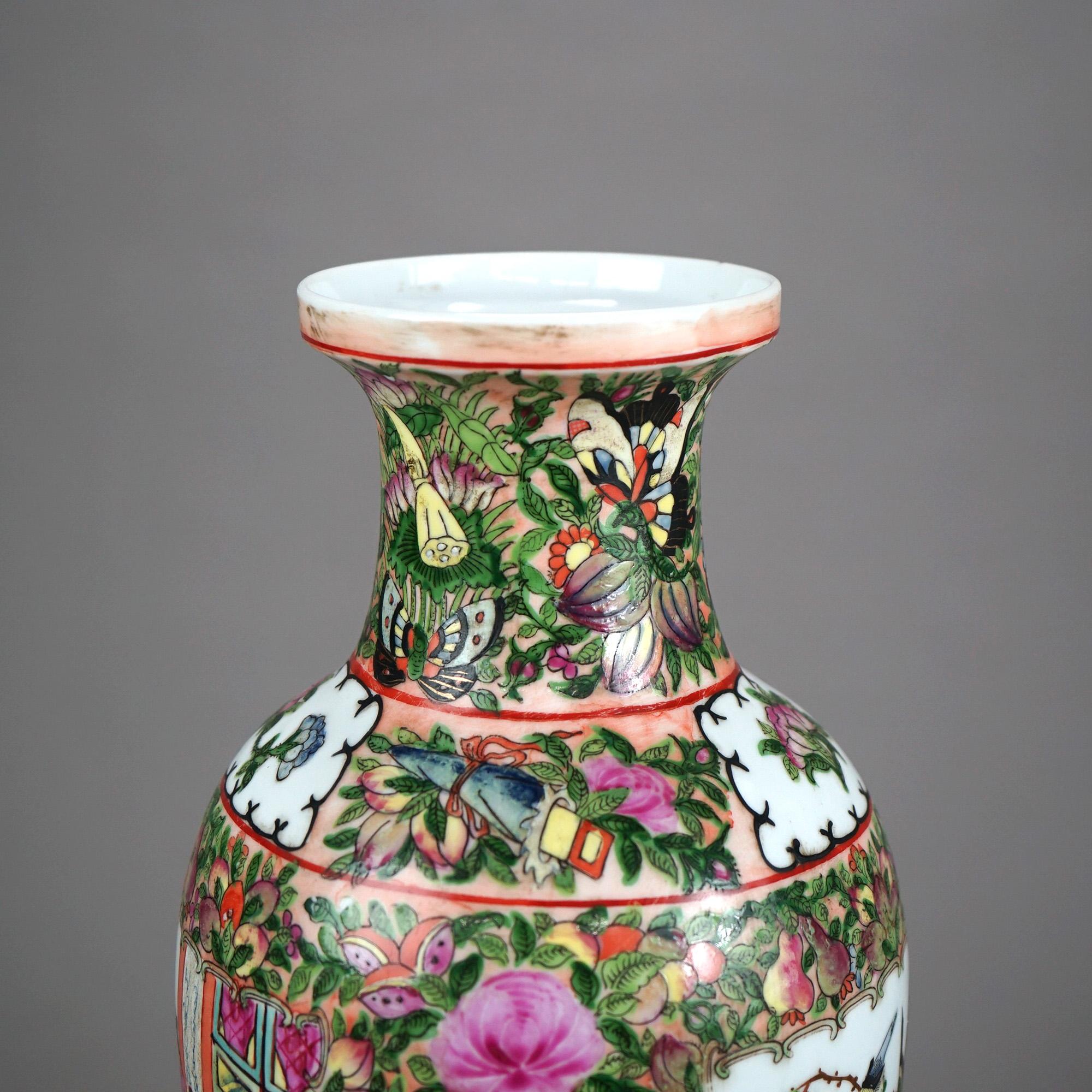 Chinese Rose Medallion Enameled Porcelain Vase with Butterfly Garden Scene 20thC For Sale 1
