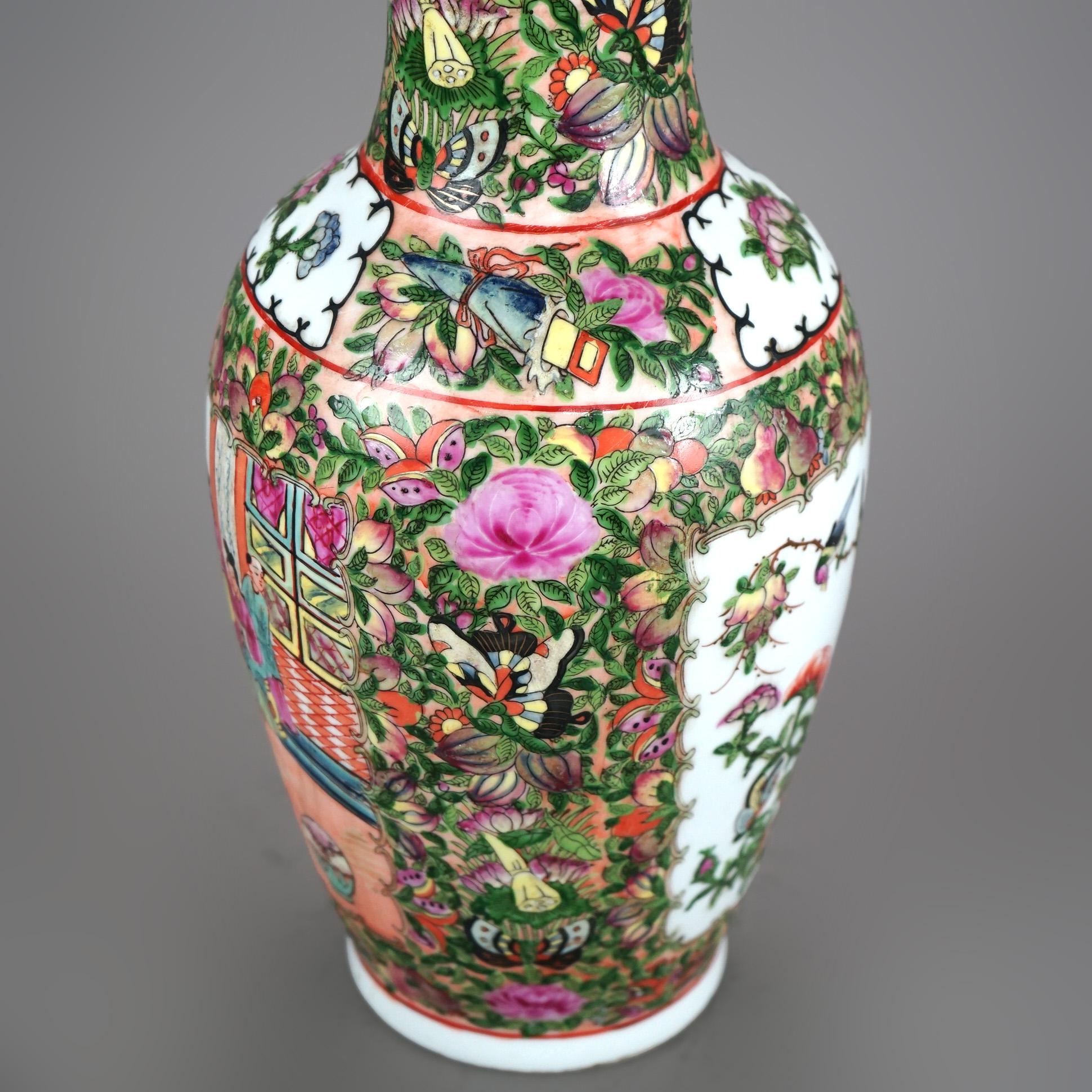 Chinese Rose Medallion Enameled Porcelain Vase with Butterfly Garden Scene 20thC For Sale 2