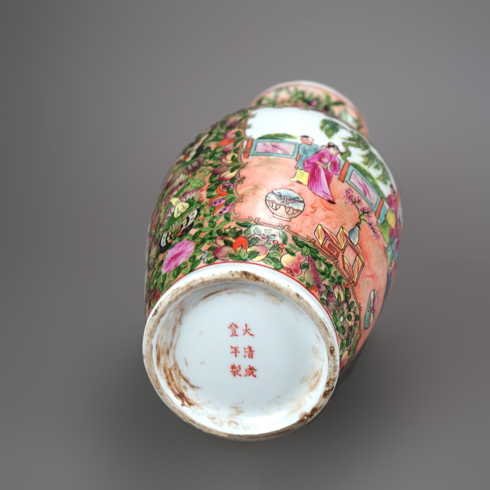 Chinese Rose Medallion Enameled Porcelain Vase with Butterfly Garden Scene 20thC For Sale 3
