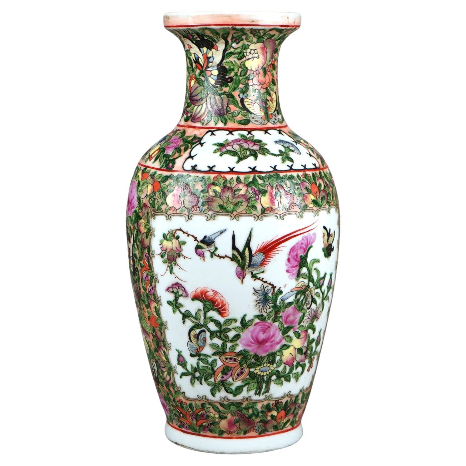 Chinese Rose Medallion Enameled Porcelain Vase with Butterfly Garden Scene 20thC