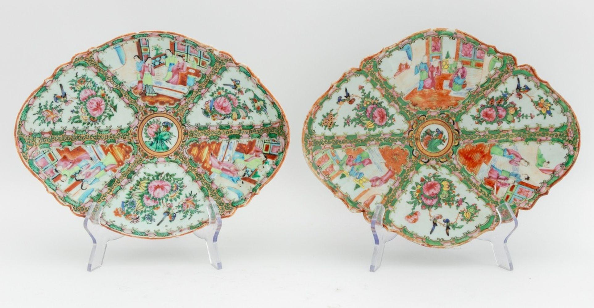 Collection of Four Articles of Chinese Rose Medallion Porcelain, comprising: teapot, covered tureen with decorated interior, and two navette-shaped footed dishes. Largest: 2.75