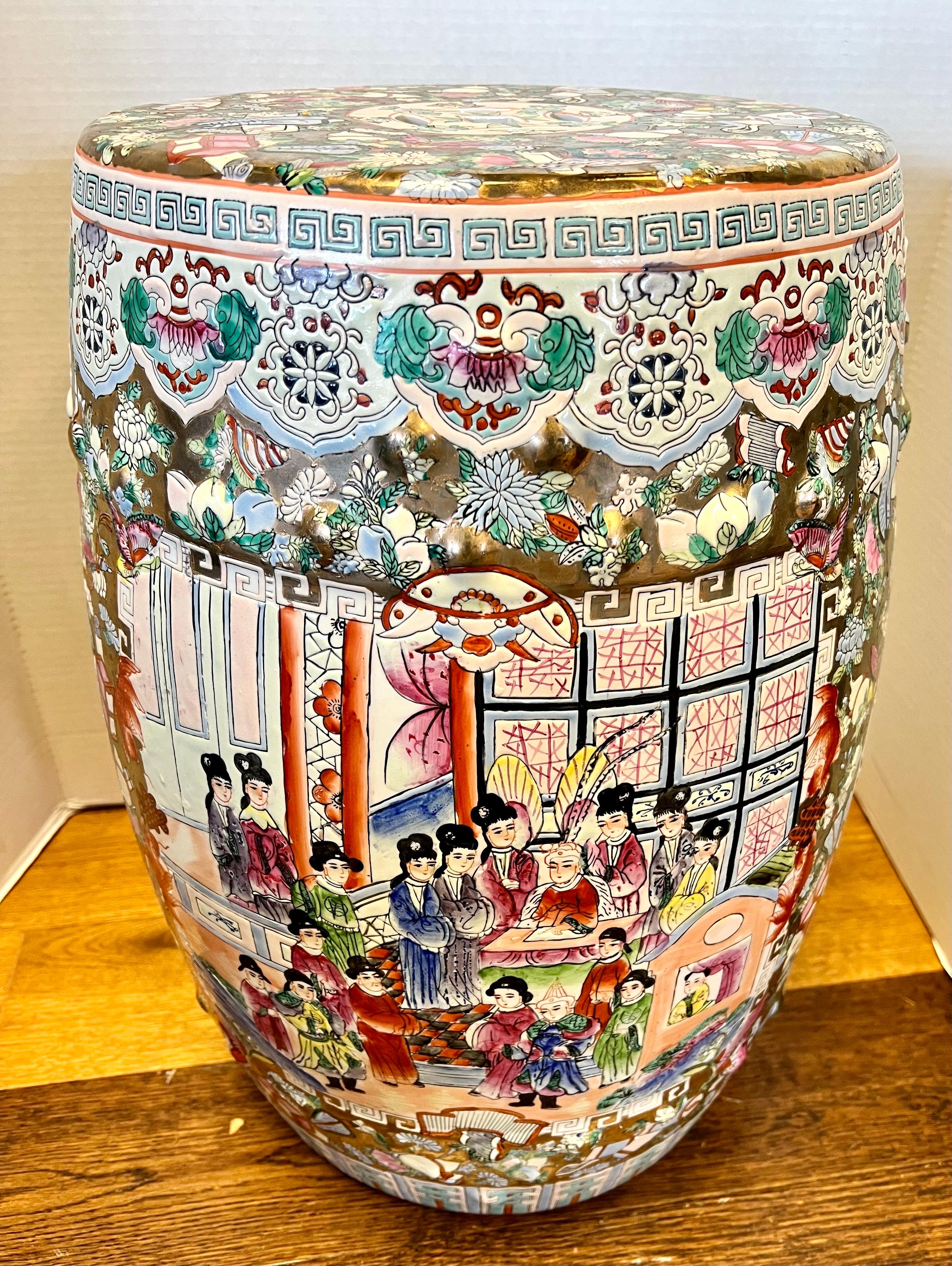 Exquisite Chinese export porcelain rose medallion garden seat with barrel form. Features colorful hand painted scenery and floral motif. Unmarked.