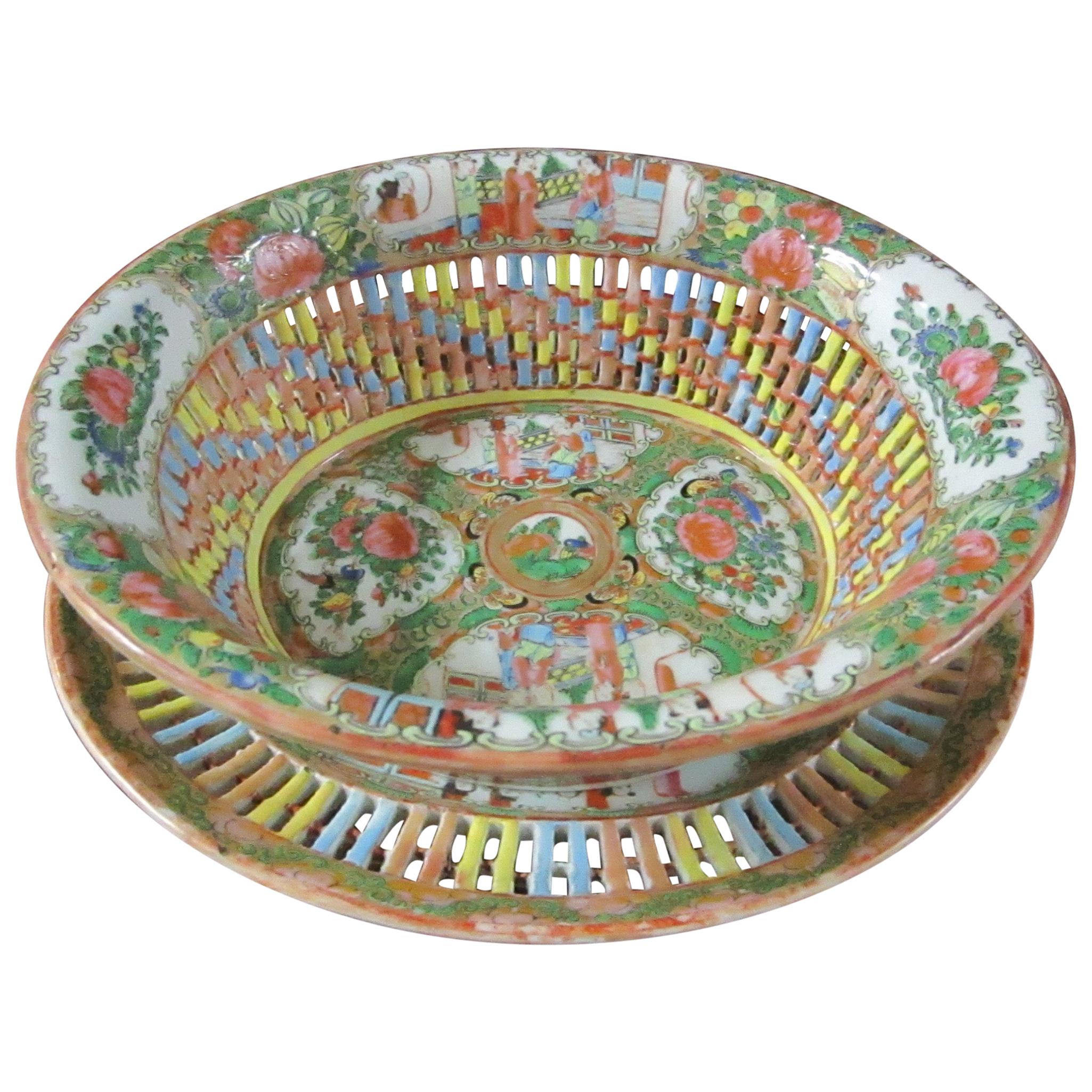 Chinese Rose Medallion Reticulated Porcelain Chestnut Basket with Underplate For Sale