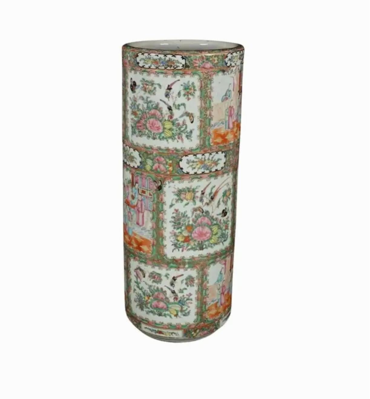 Porcelain Chinese Rose Medallion Umbrella Stand For Sale