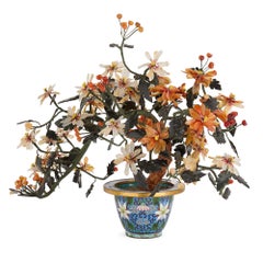 Chinese Rose Quartz, Agate, and Nephrite Flower Model in a Cloisonné Enamel Pot