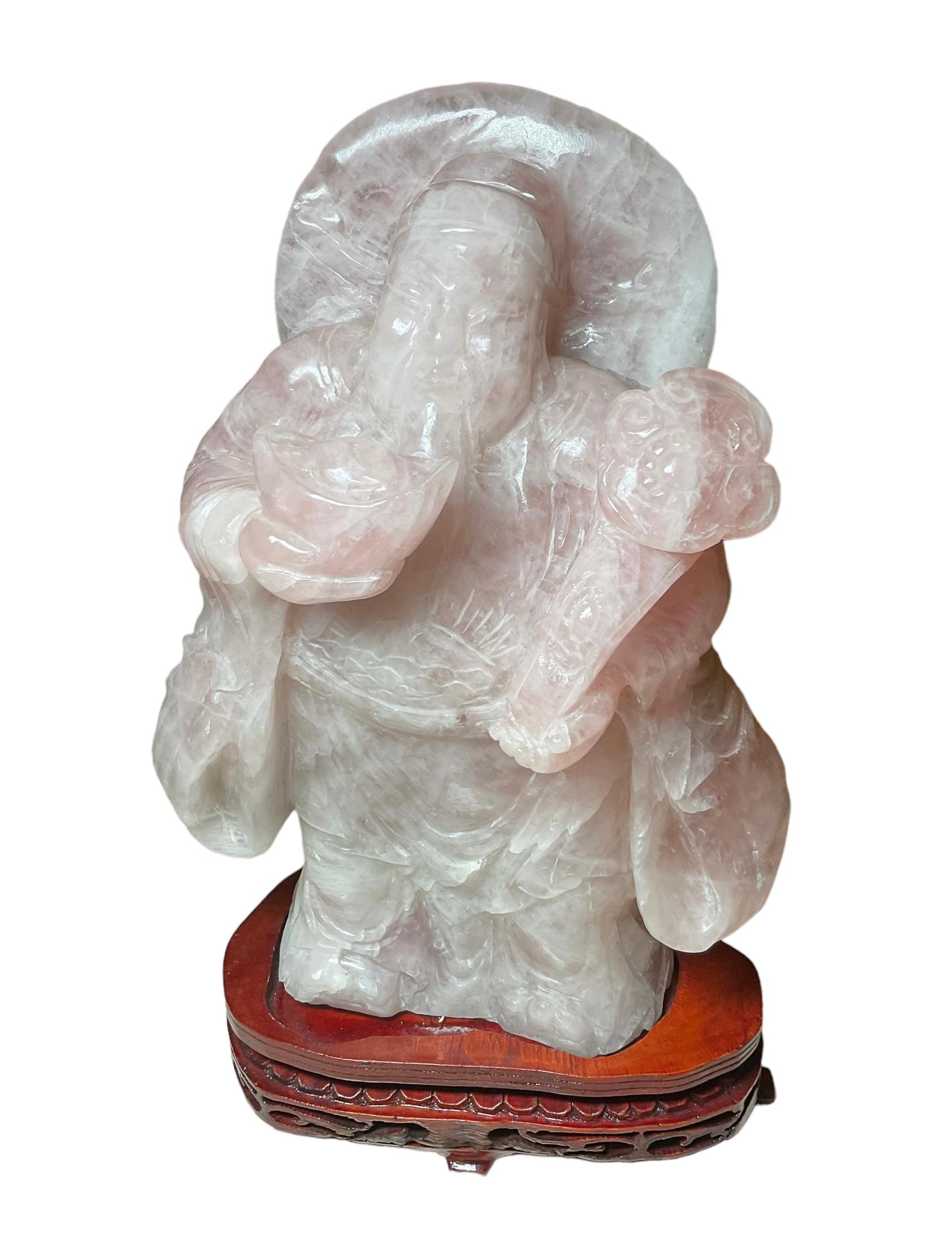 20th Century Chinese Rose Quartz Sculpture of a Chinese Man Holding a Ruyi Scepter For Sale
