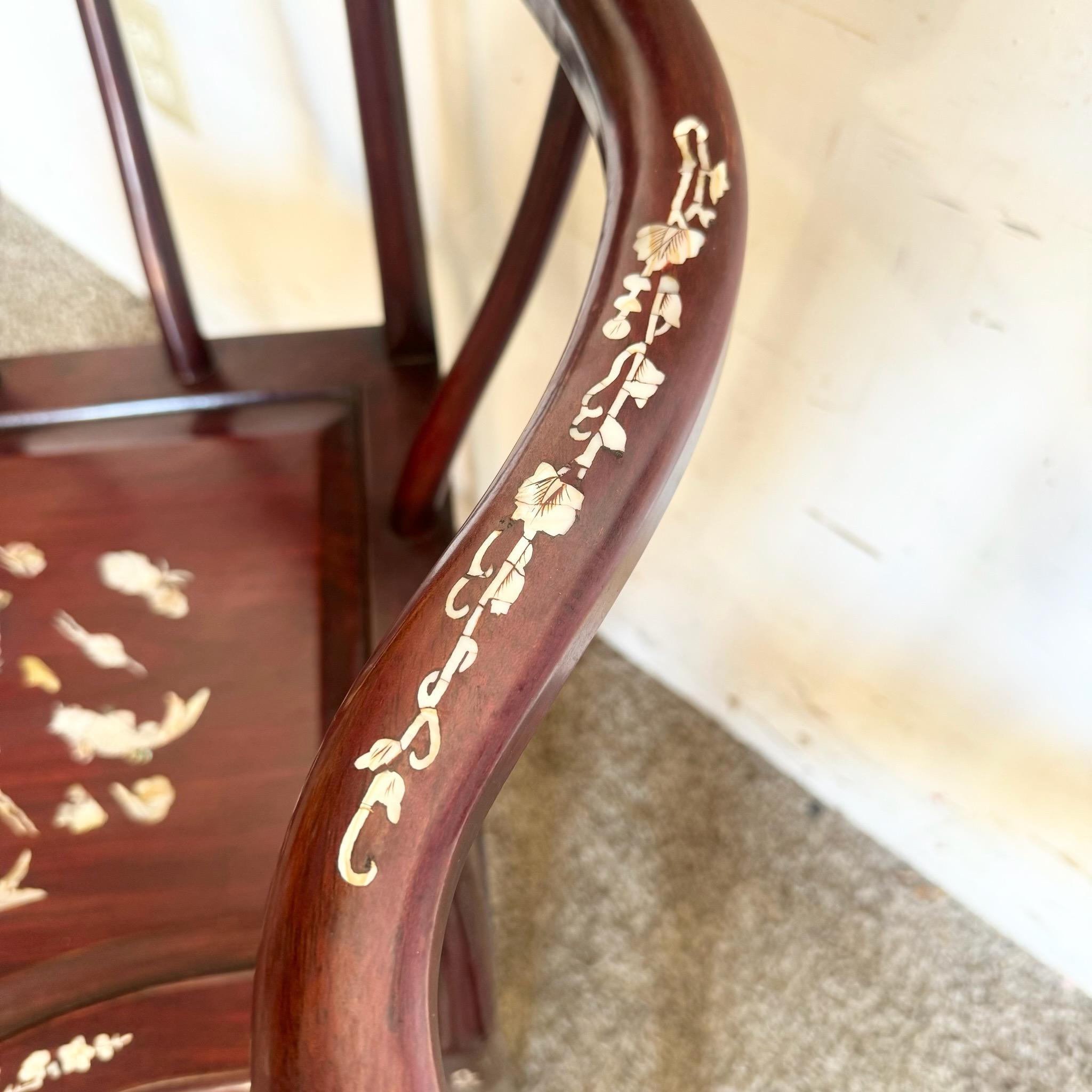 Late 20th Century Chinese Rose Wood With Mother of Pearl Inlay Corner Chairs - a Pair For Sale