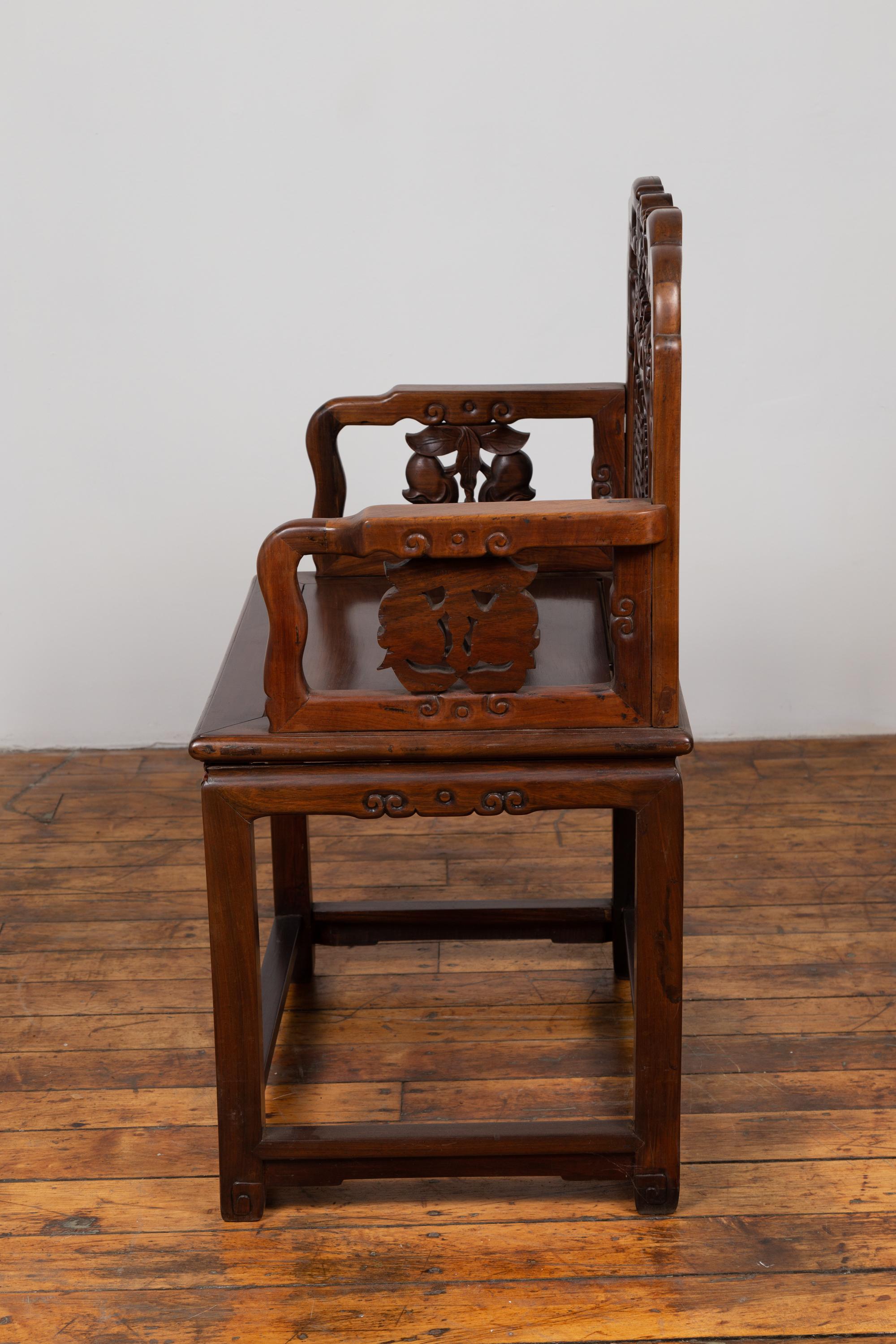 Chinese Rosewood 19th Century Chair with Hand-Carved Back and Arm Supports 10