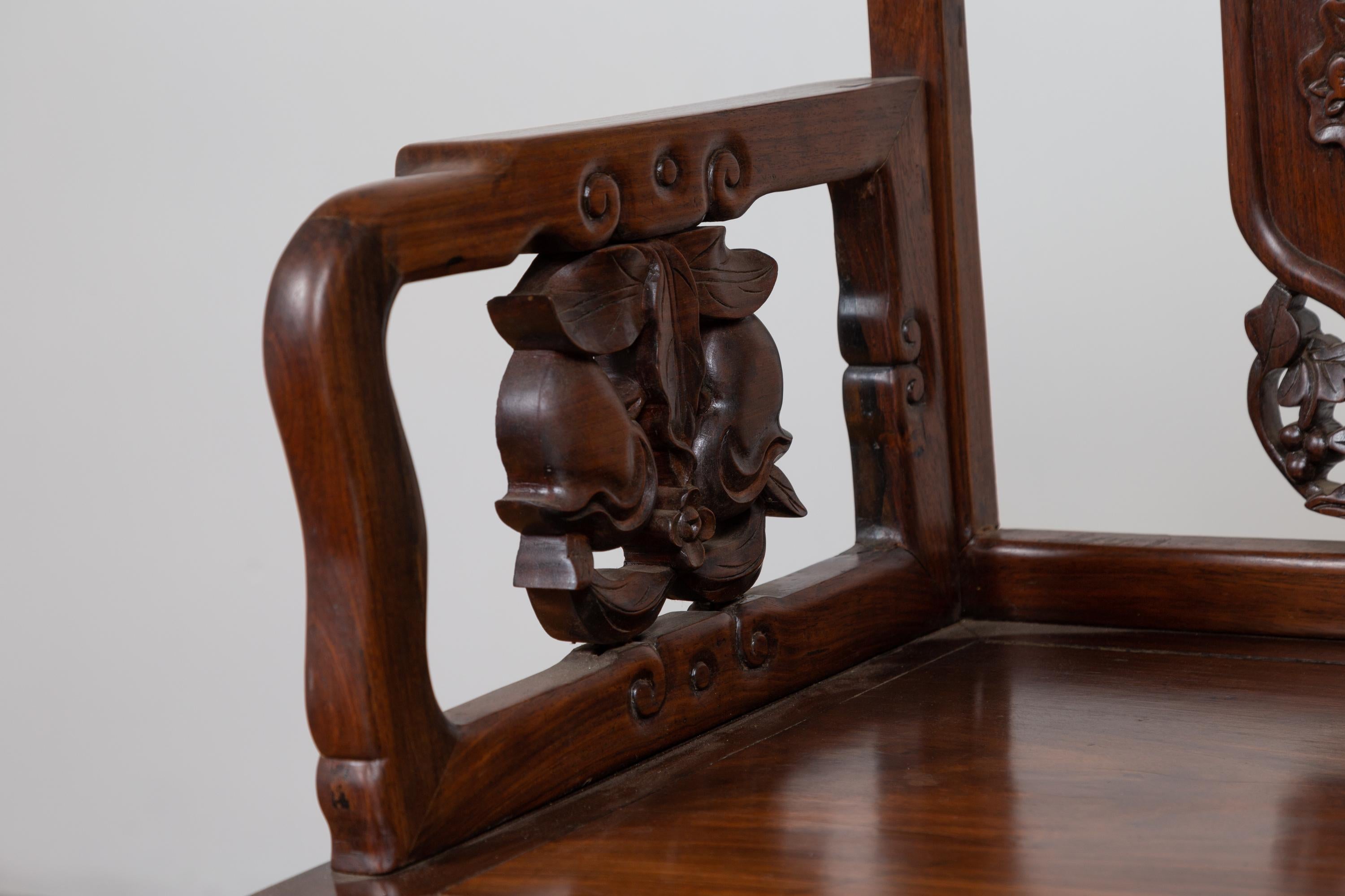 Hand-Carved Chinese Rosewood 19th Century Chair with Hand Carved Back and Arm Supports For Sale