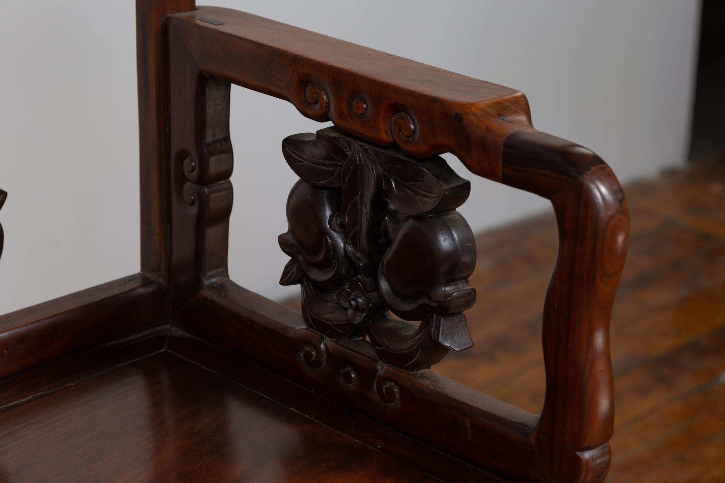 Chinese Rosewood 19th Century Chair with Hand-Carved Back and Arm Supports 2