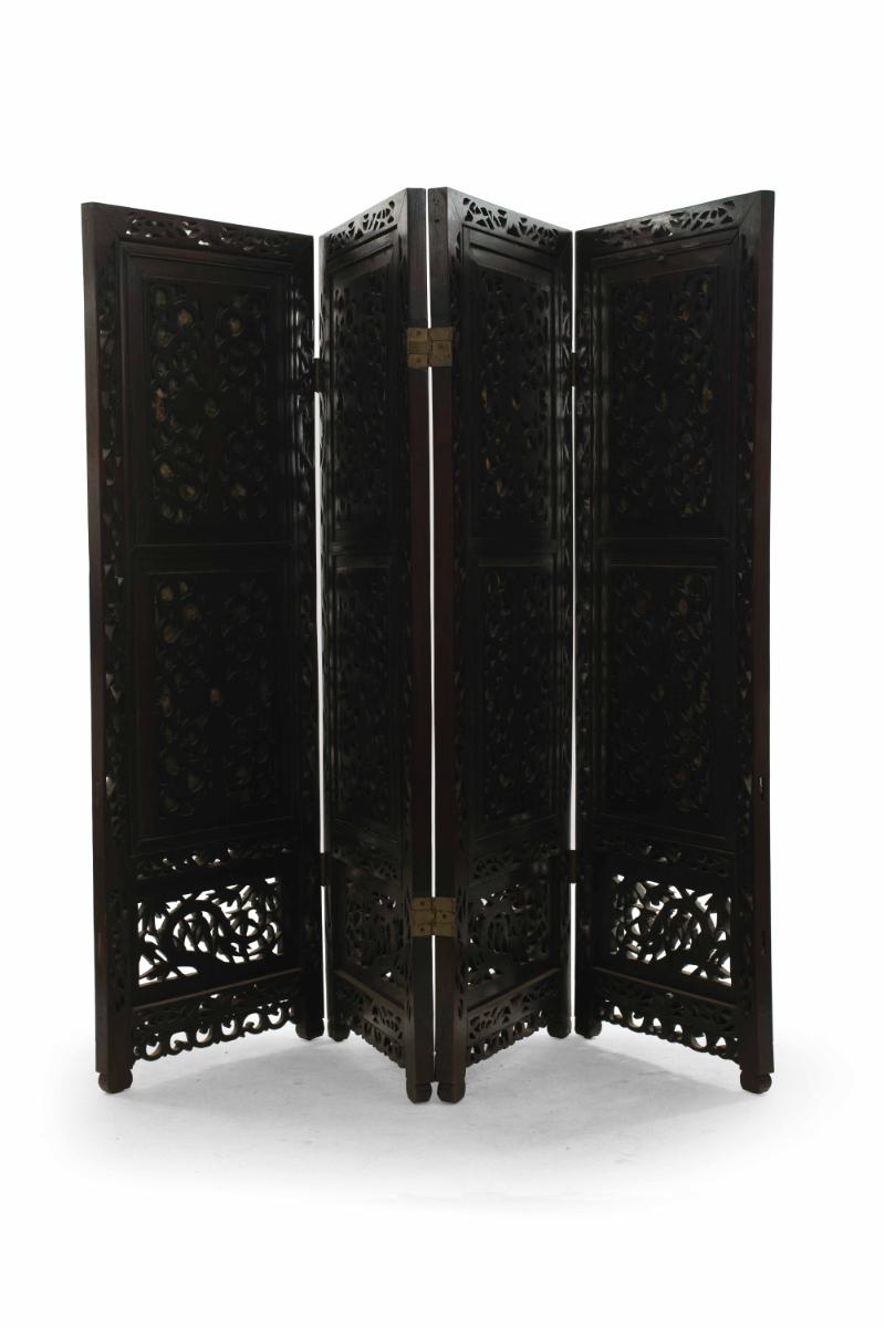 Asian Chinese (19th Century) rosewood filigree carved framed 4 fold screen with silk and gold embroidered glass encased panels with floral and bird design