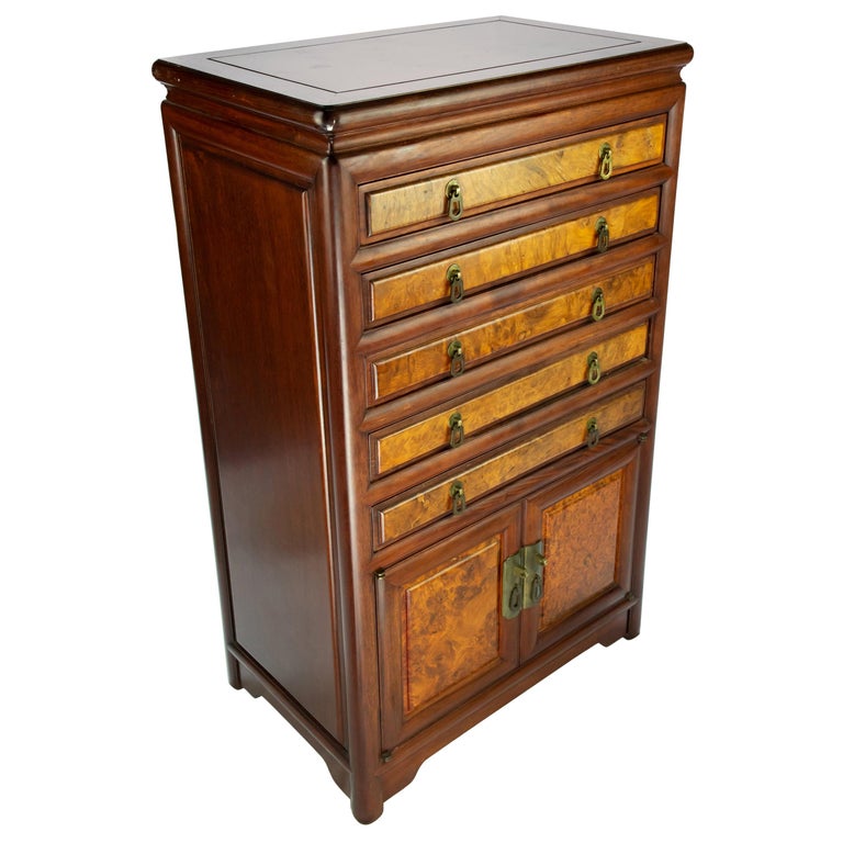 Chinese Rosewood and Burl Flatware Chest, Mid20th Century For Sale at