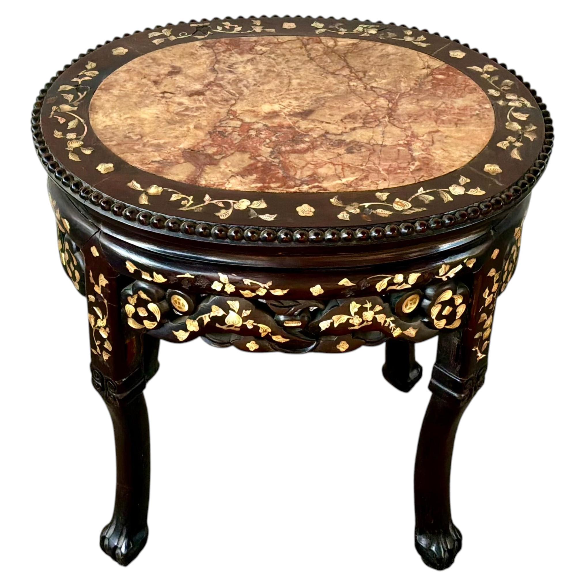 Chinese Rosewood and Mother-of-Pearl Inlaid Marble Top Plant Stand