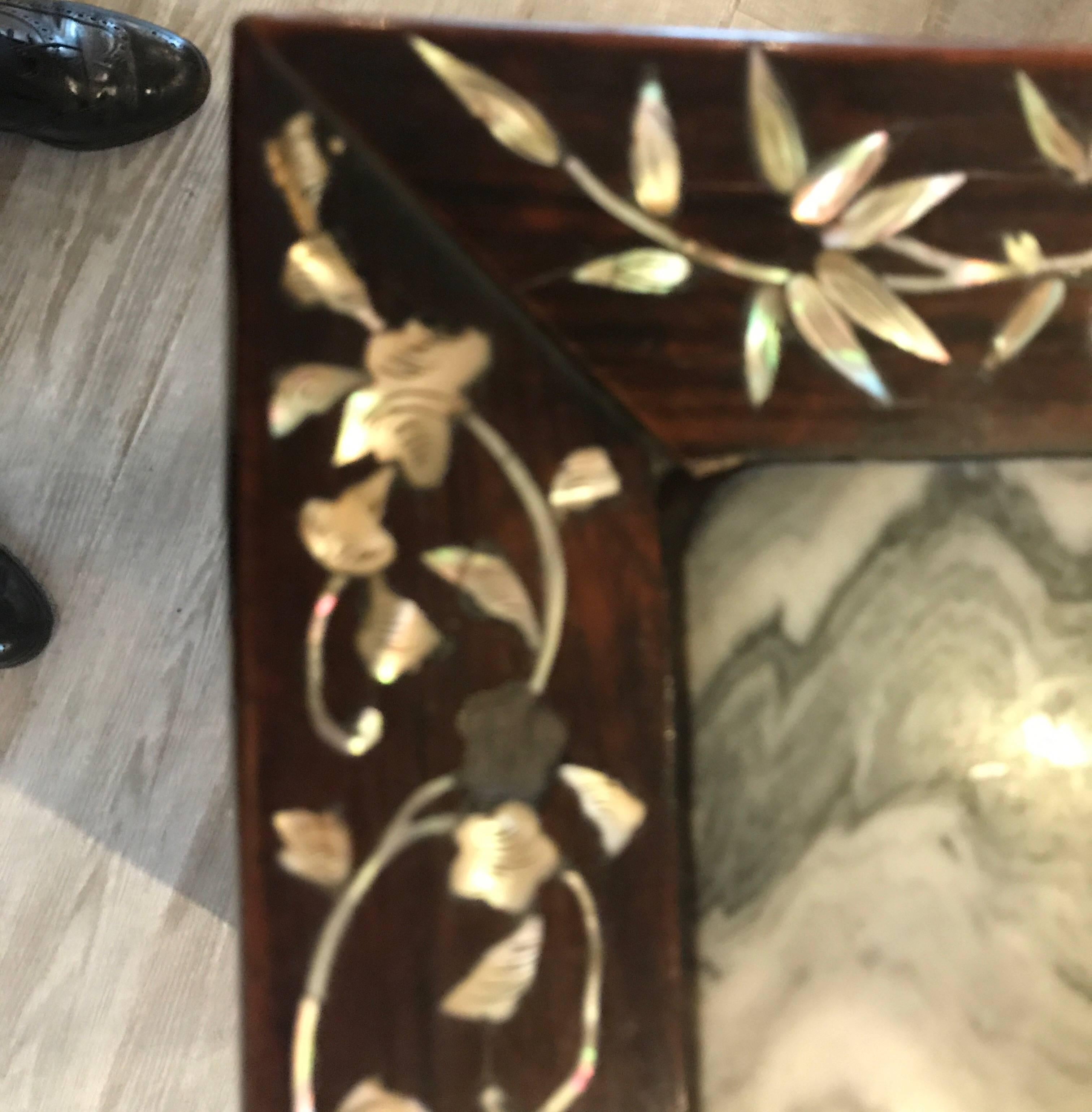 Late 19th Century Chinese Rosewood and Mother of Pearl Stand with Dream Stone Top
