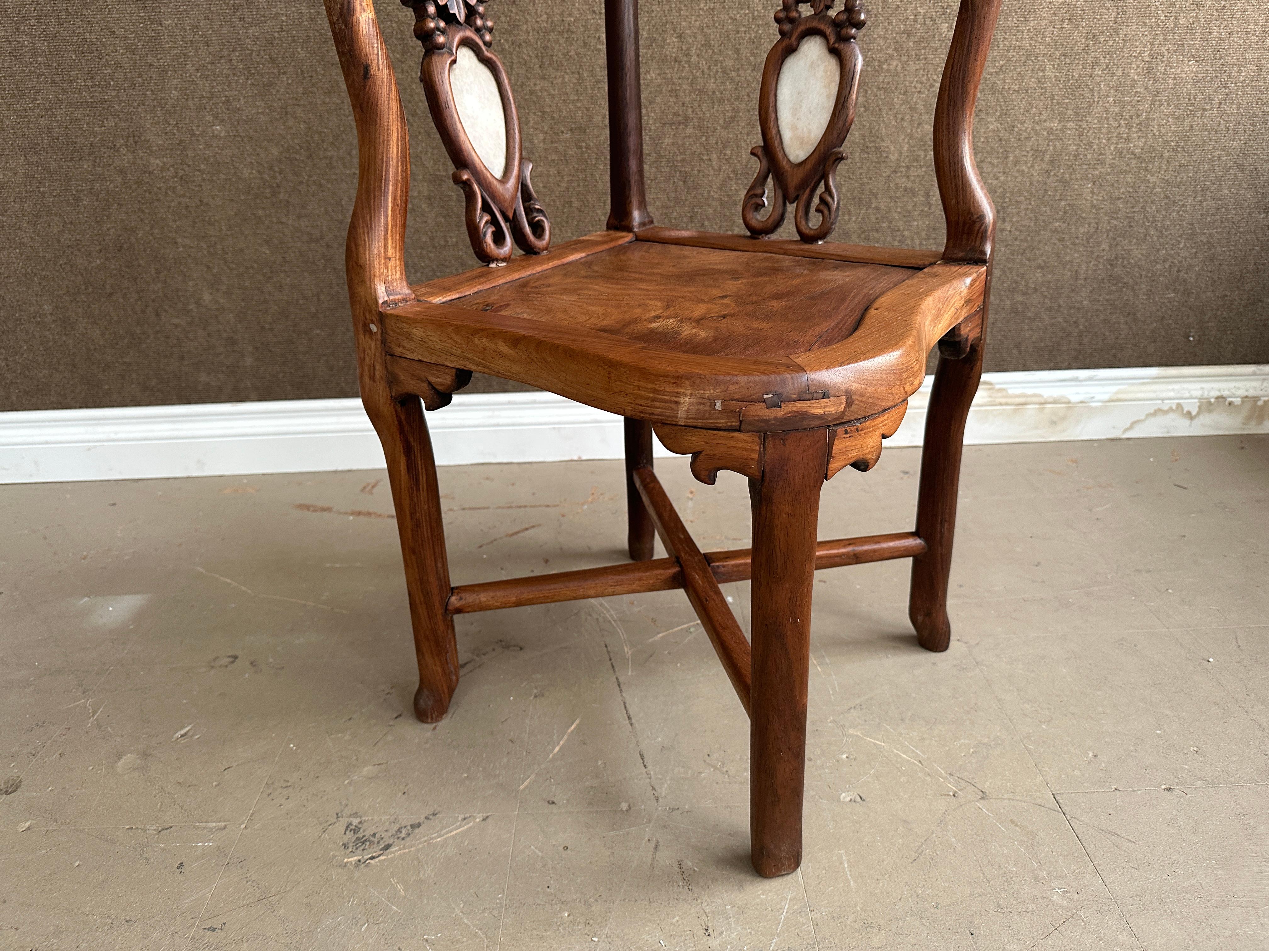 Chinese Rosewood and White Marble Inlay Corner Chair - a Pair For Sale 1