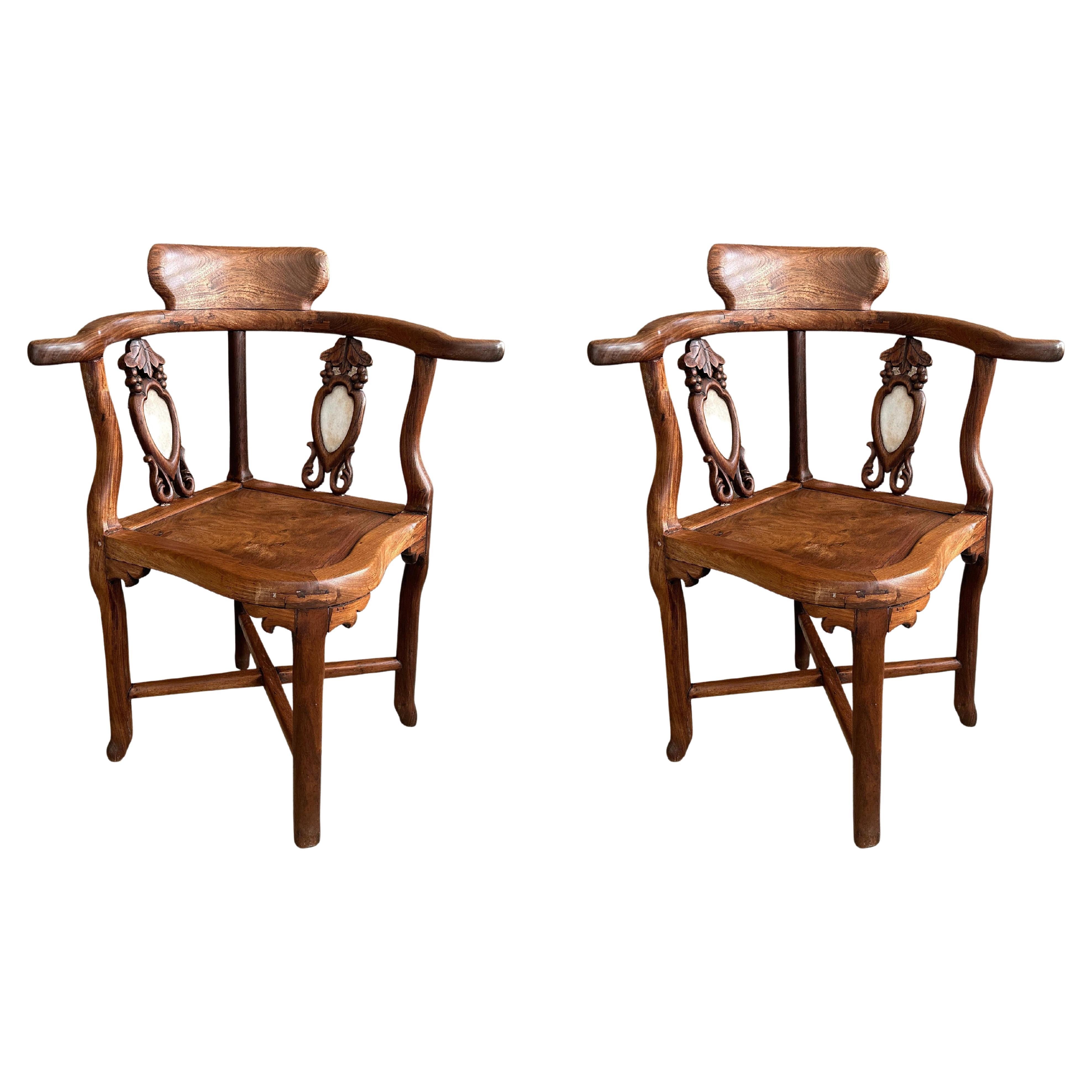 Chinese Rosewood and White Marble Inlay Corner Chair - a Pair For Sale