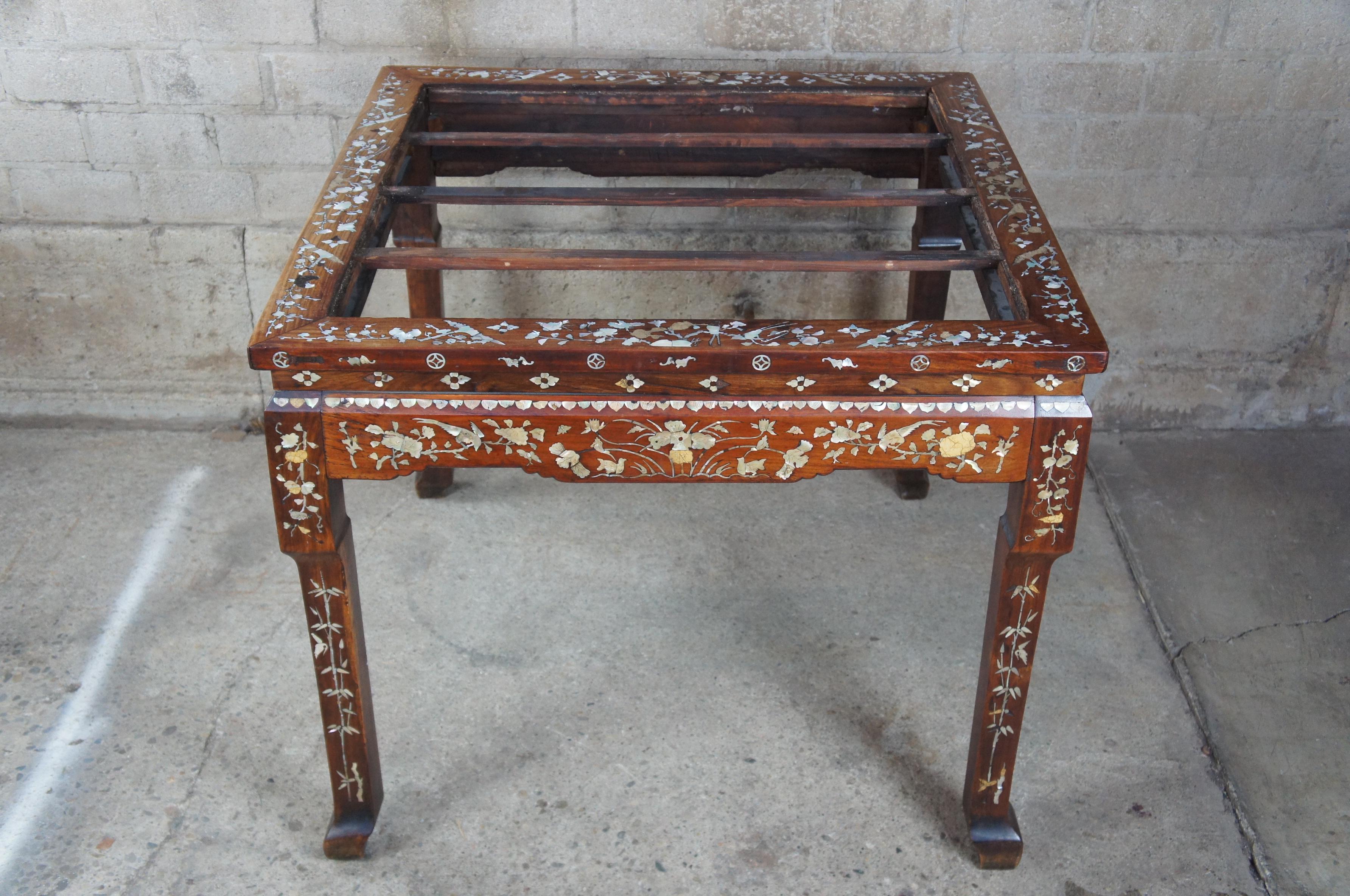 Chinese Rosewood Antique Mother of Pearl Marble Breakfast Game Table Inlaid Mop 2